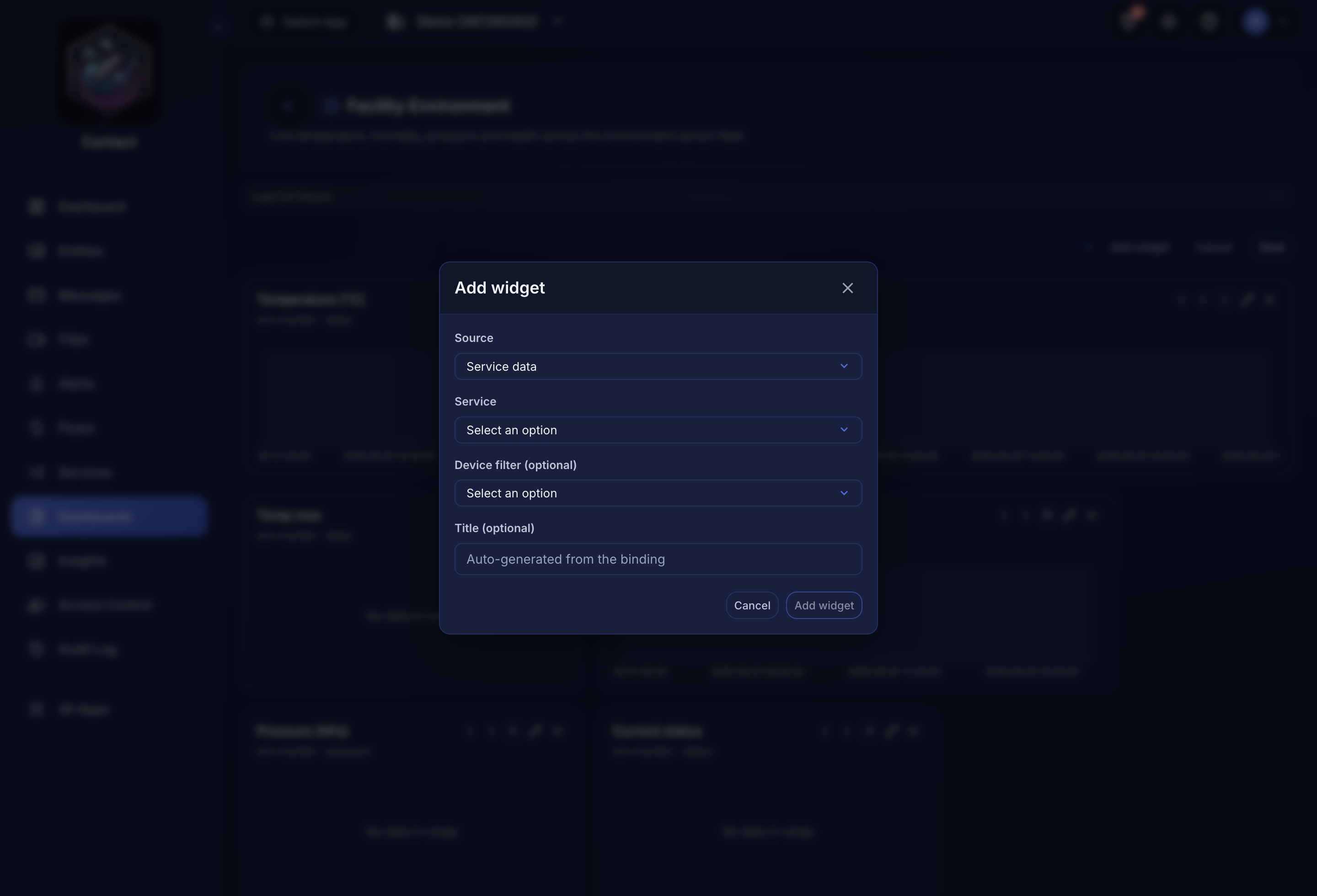 The Add widget dialog with Source, Service, Device filter, and Title