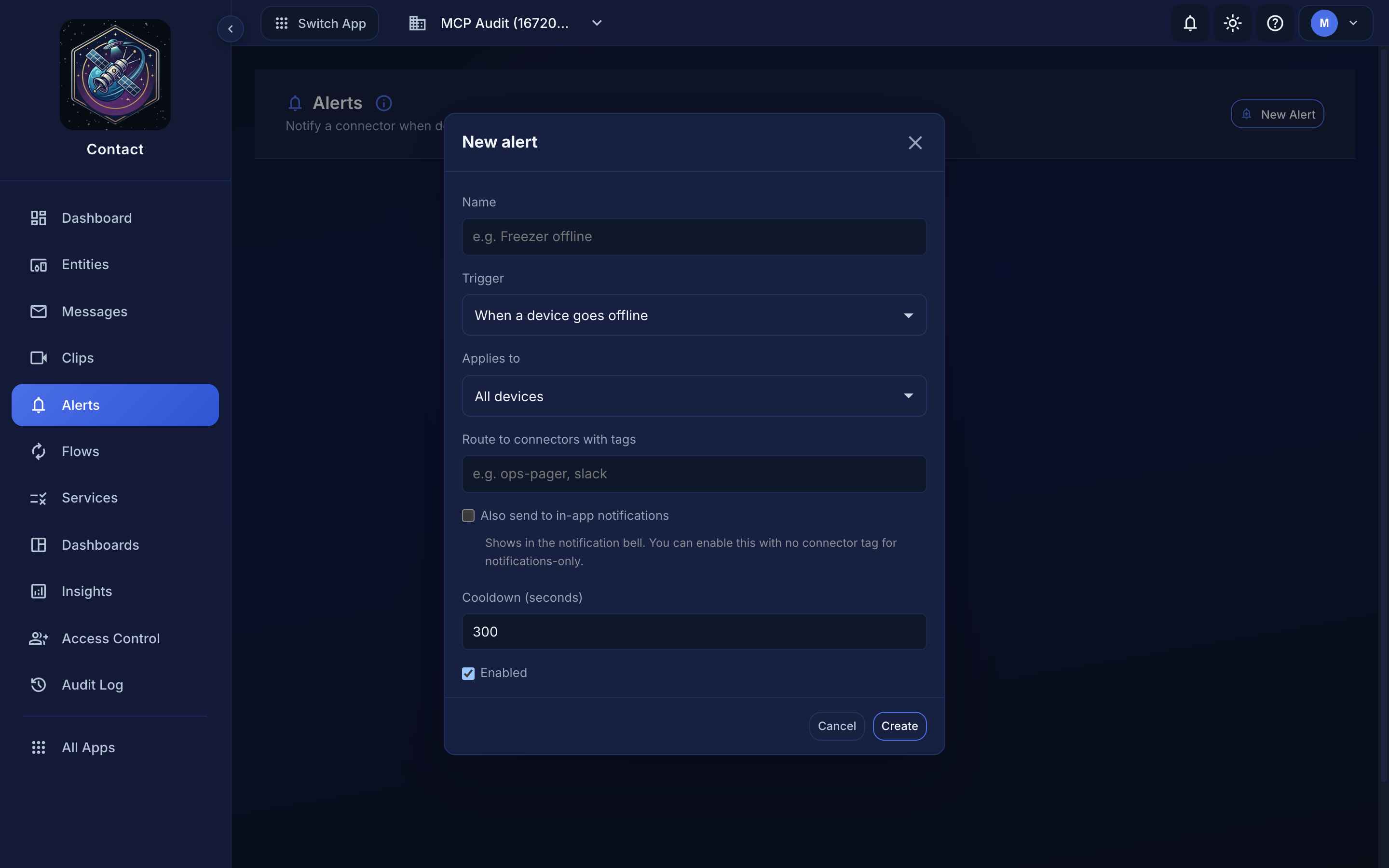The New alert form: Name, Trigger, Applies to, connector tags, in-app toggle, and cooldown