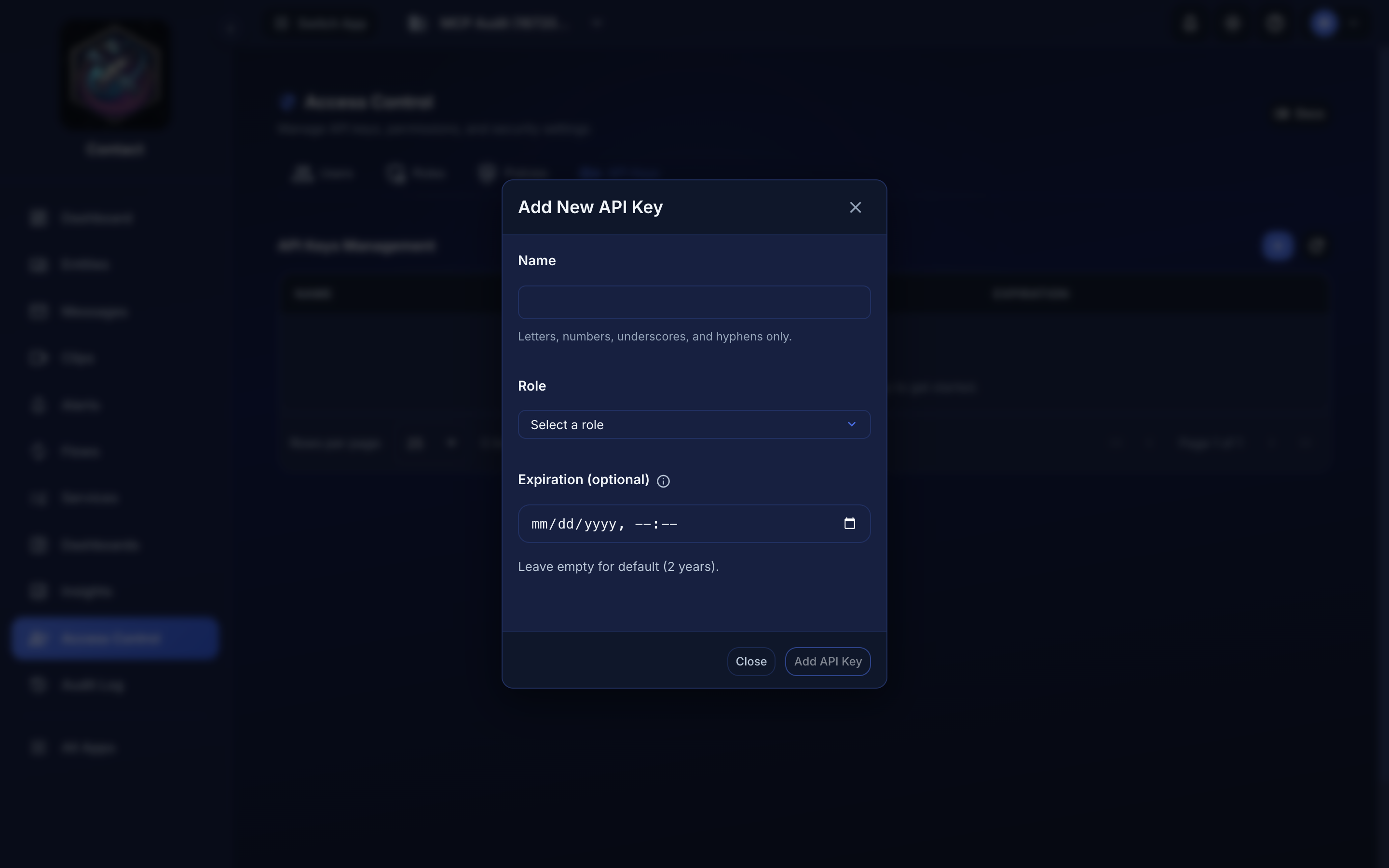 The Add New API Key form: Name, Role selector, and optional expiration