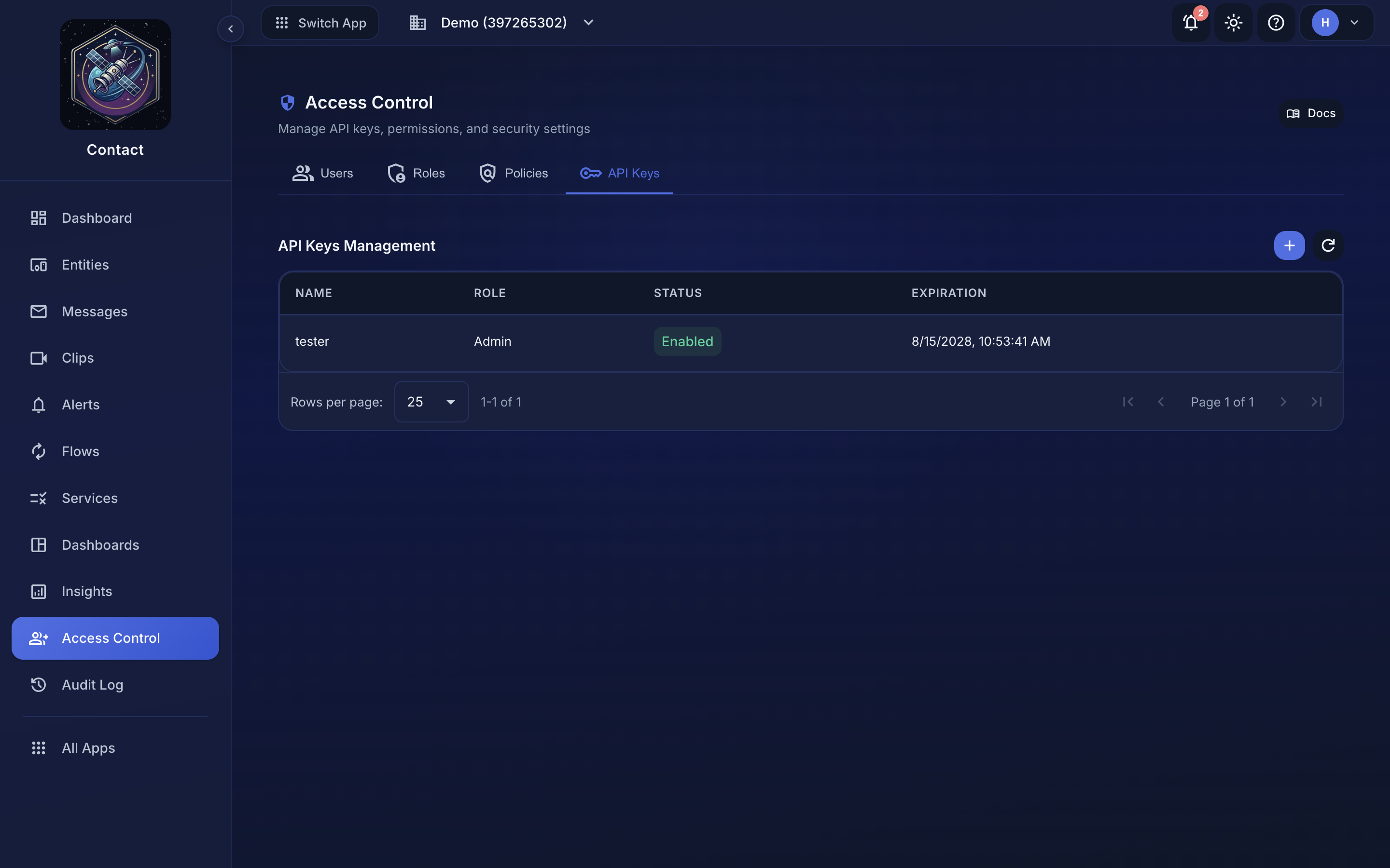 The API Keys tab in Access Control, listing each key with its role, status, and expiry