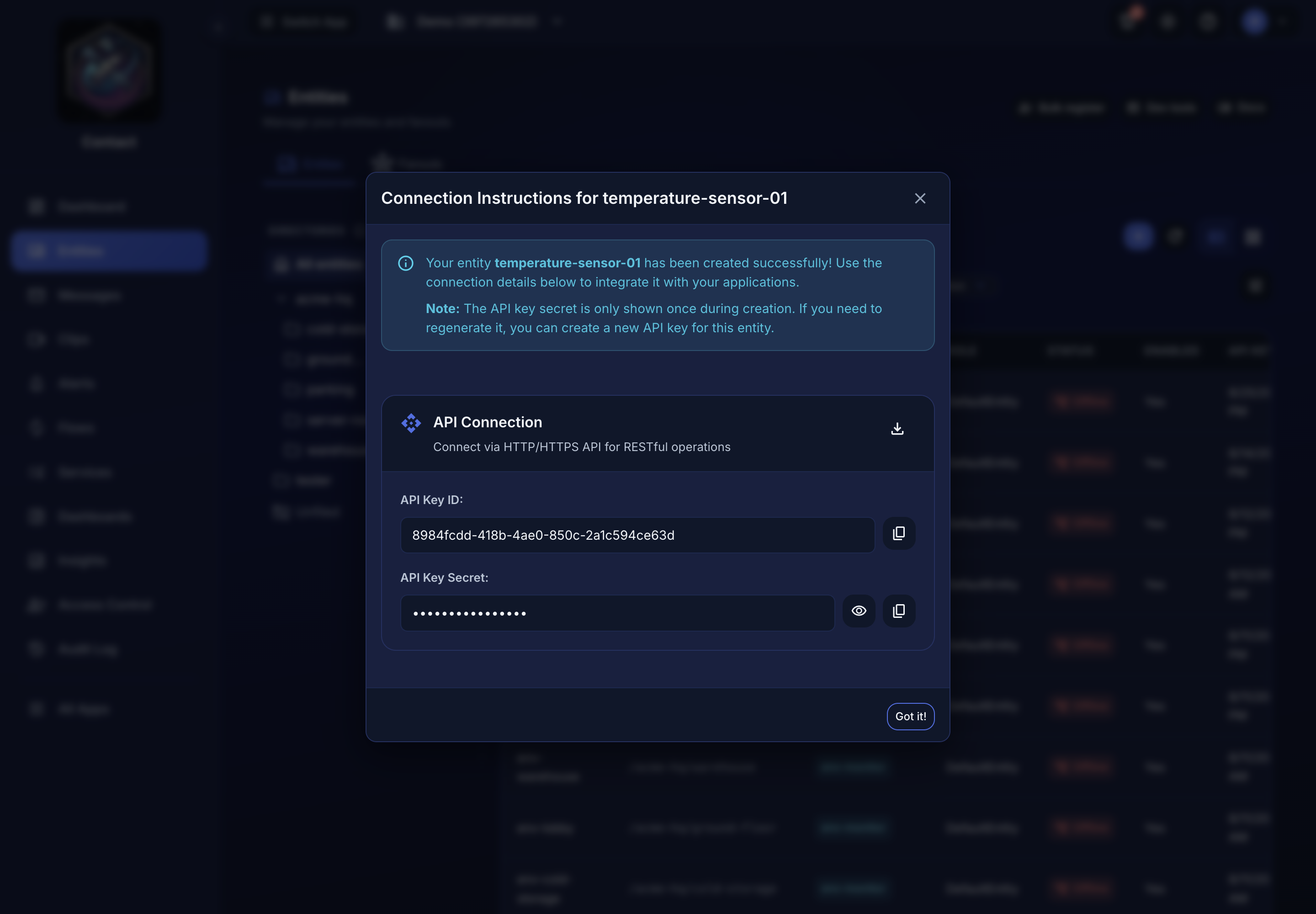 The Connection Instructions dialog showing the API Key ID and the masked API Key Secret