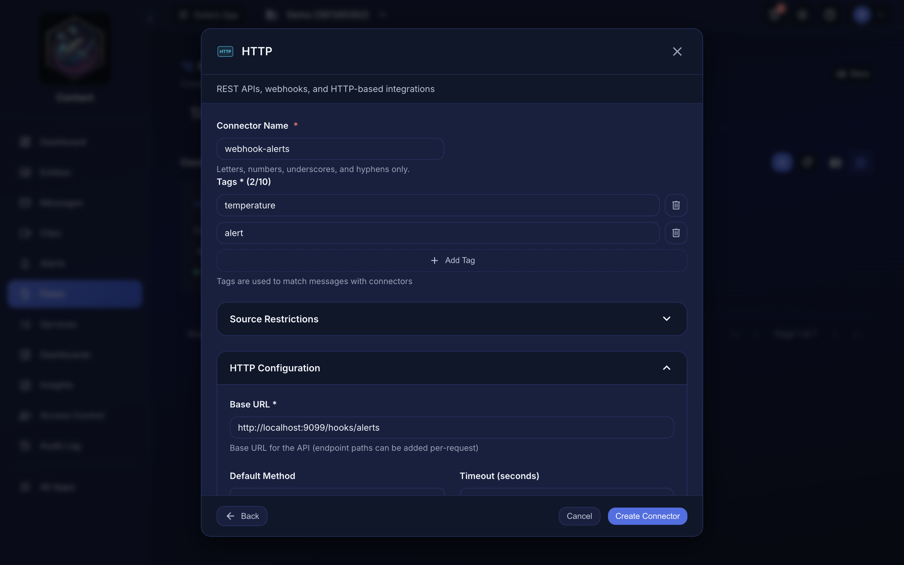 Configuring a connector: type, name, settings, and tags