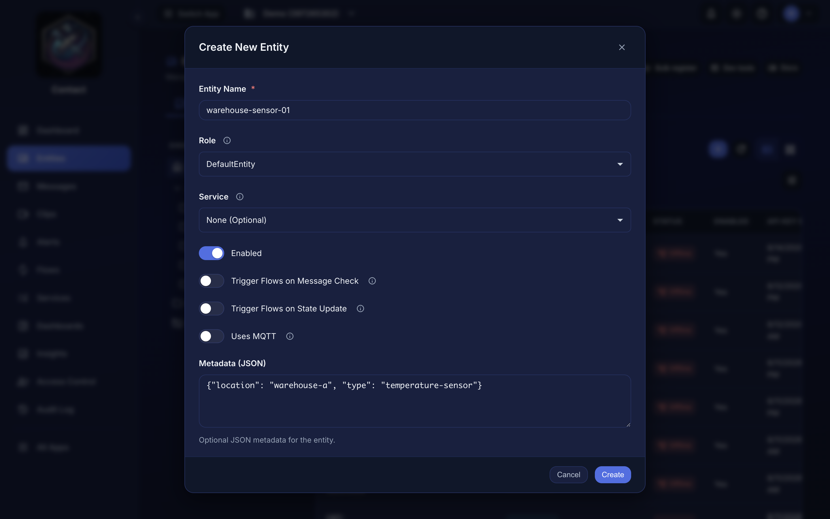 The Create Entity form with Name, Role, Service, Enabled, and Metadata fields