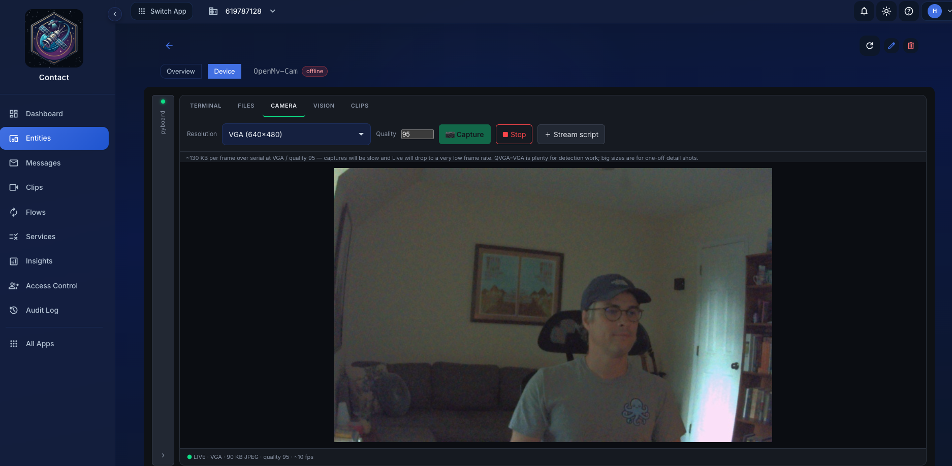 Live camera preview with resolution and quality controls