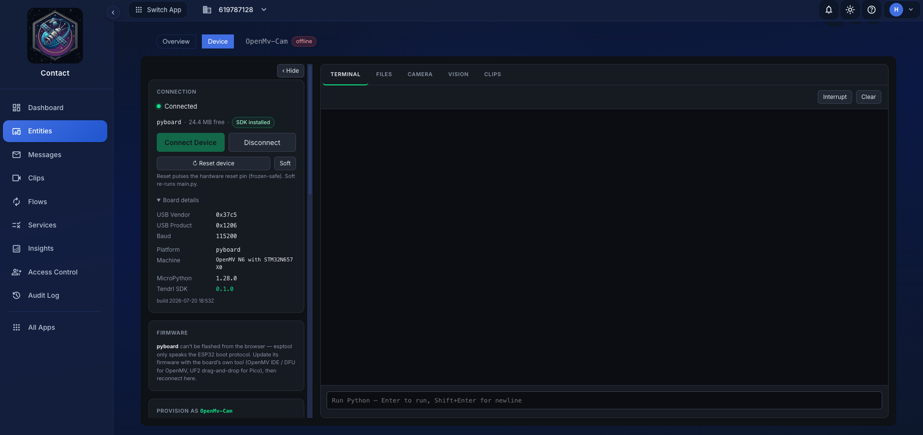 Connect card with the board detected: platform, machine, USB IDs, free heap, and the recommended tier