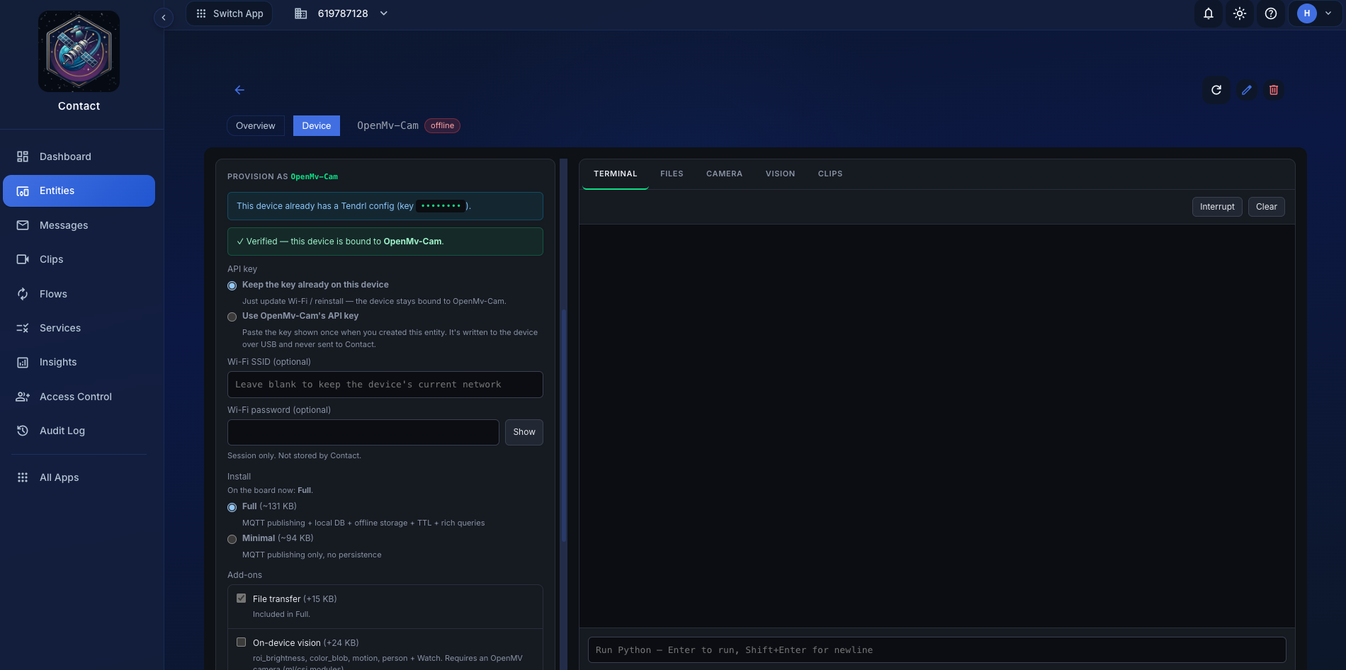 Provisioning form with the API key field, Wi-Fi inputs, tier selection, and the change summary