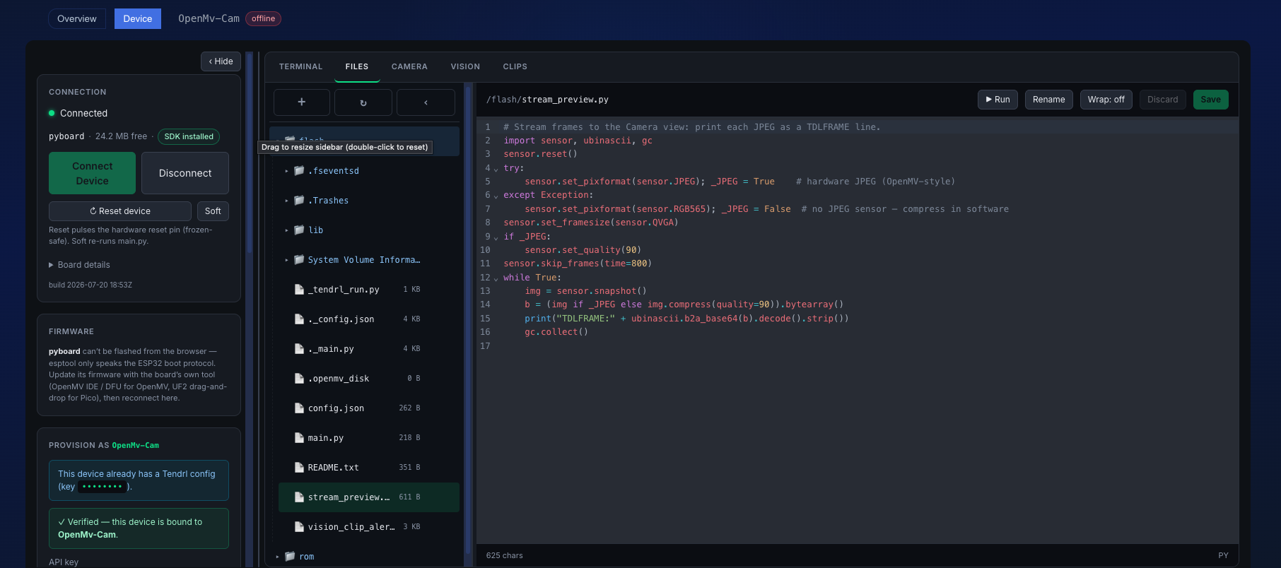 The Device tab: connection, provisioning, terminal, files, and camera