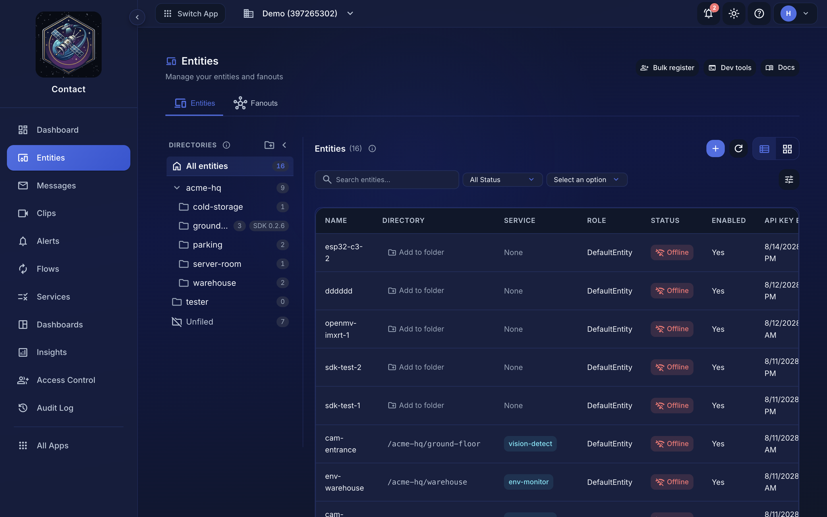 The Entities page with the Directories rail expanded to a nested tree and a folder selected