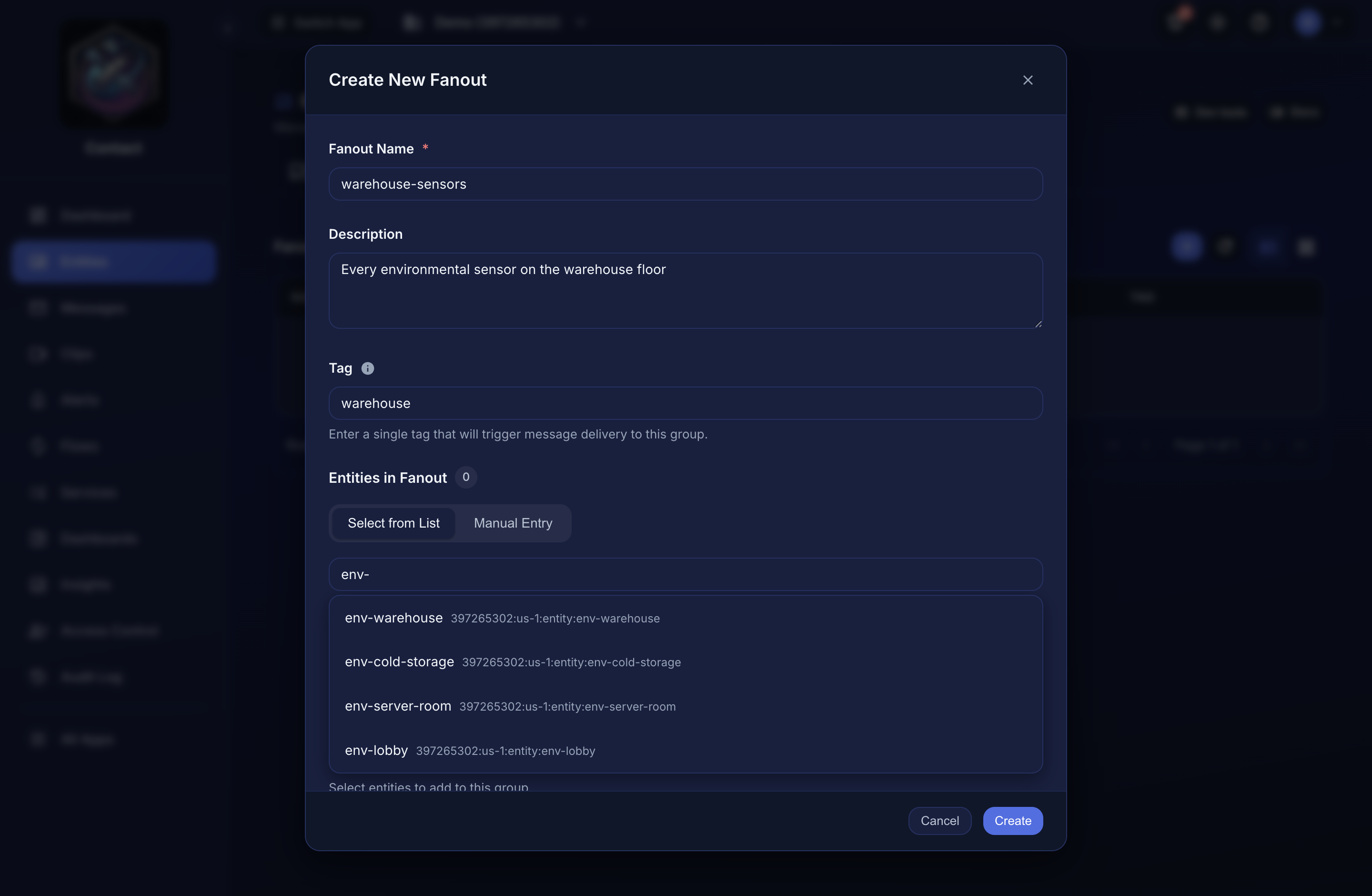 The Create New Fanout form with name, description, tag, and an entity picker