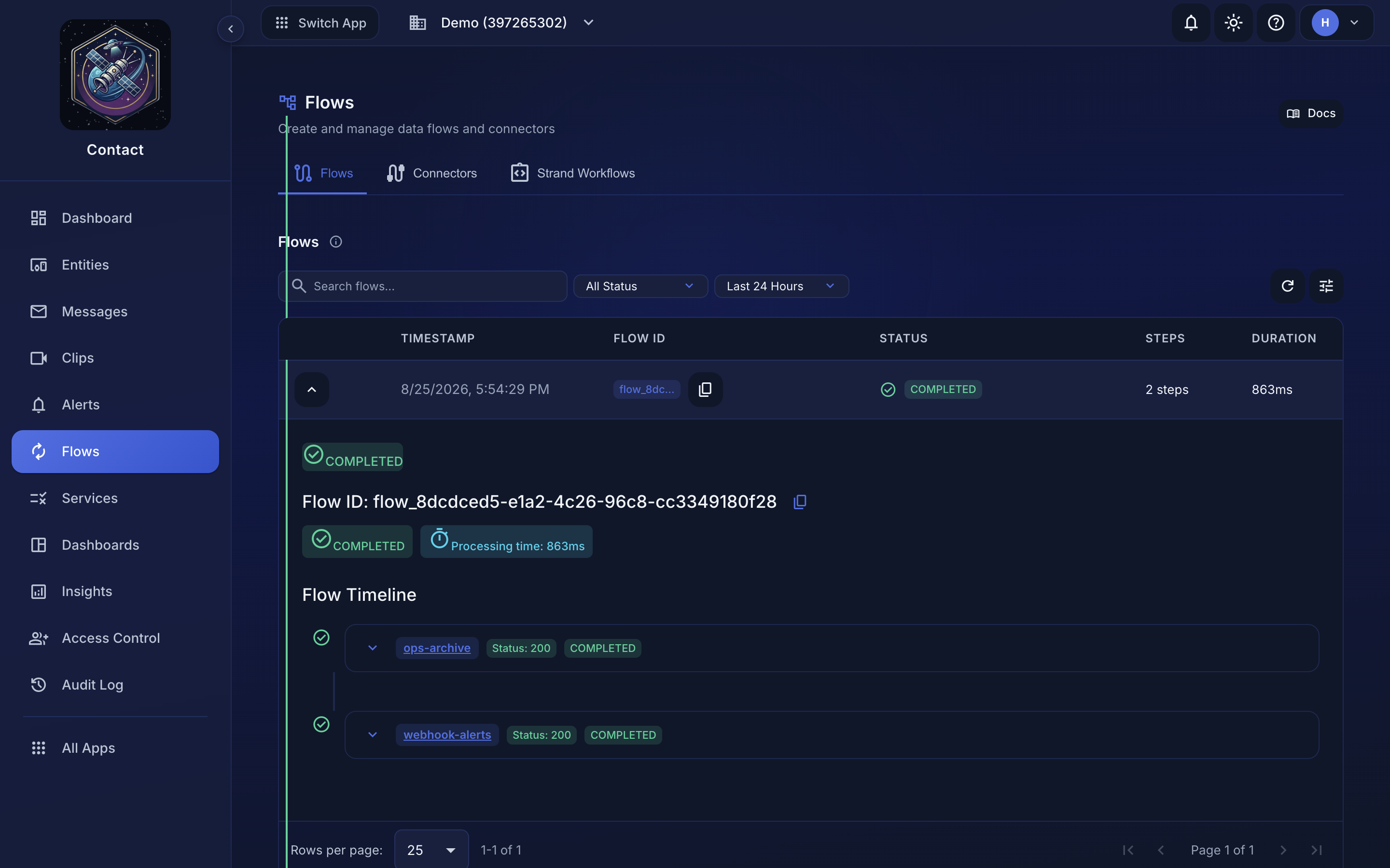 The Flows page showing a flow expanded to its per-connector step statuses