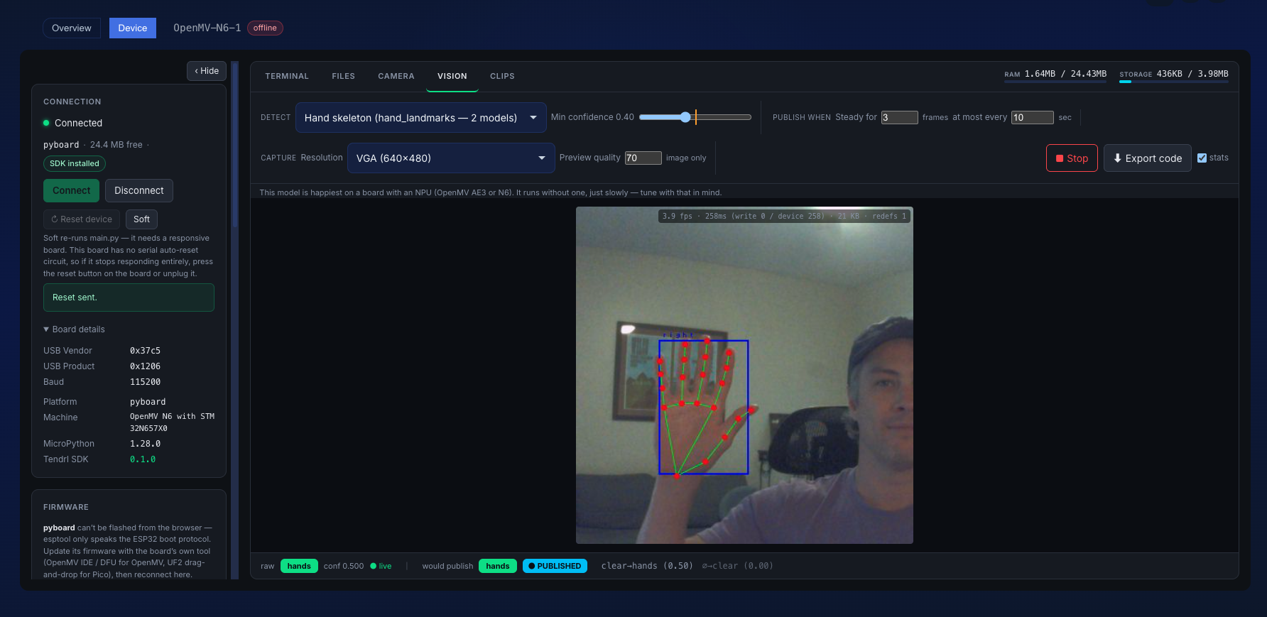 OpenMV camera streaming JPEG frames through Contact