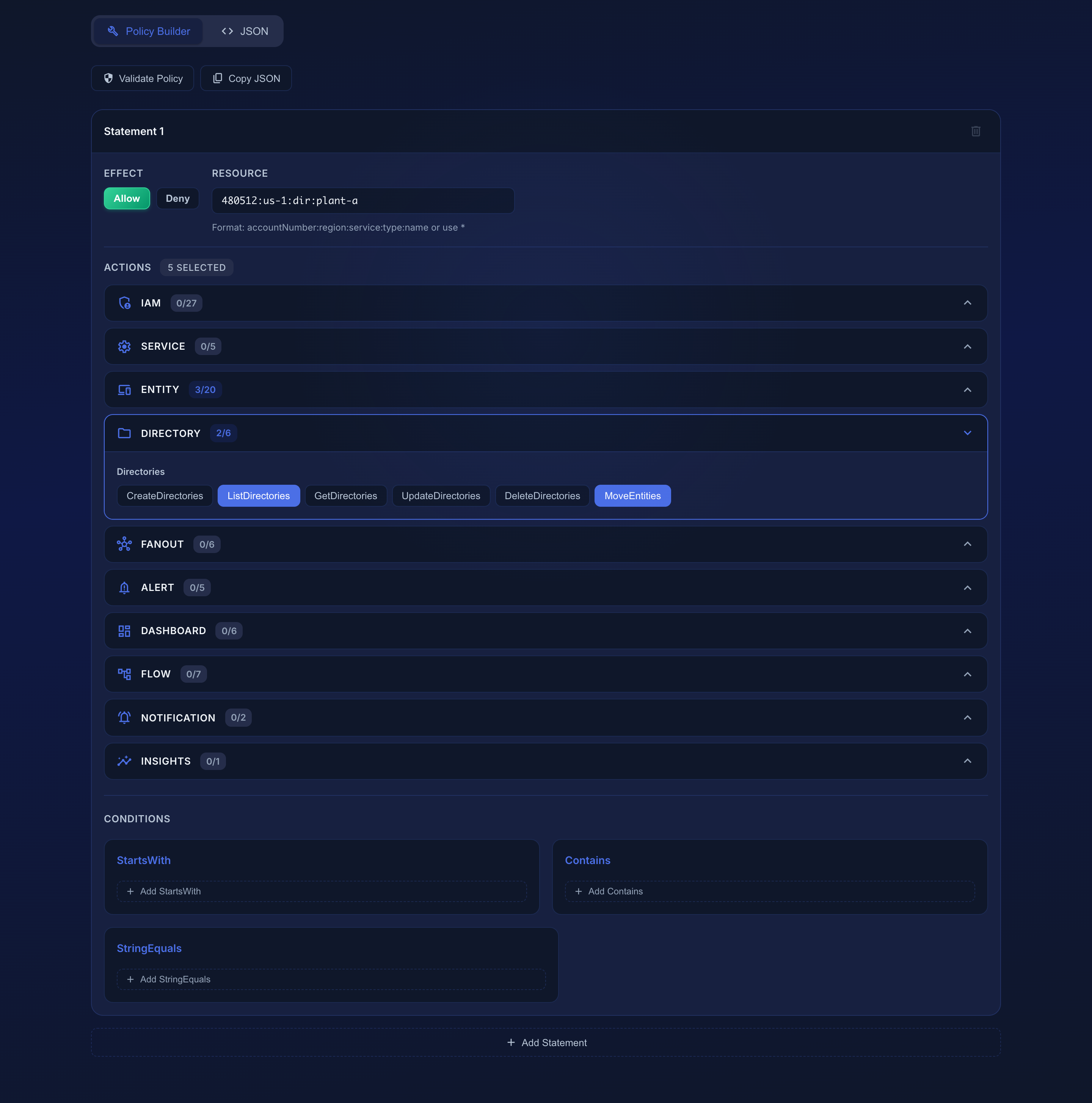 The Policy Builder: effect toggle, resource field, action groups by namespace, and condition operators