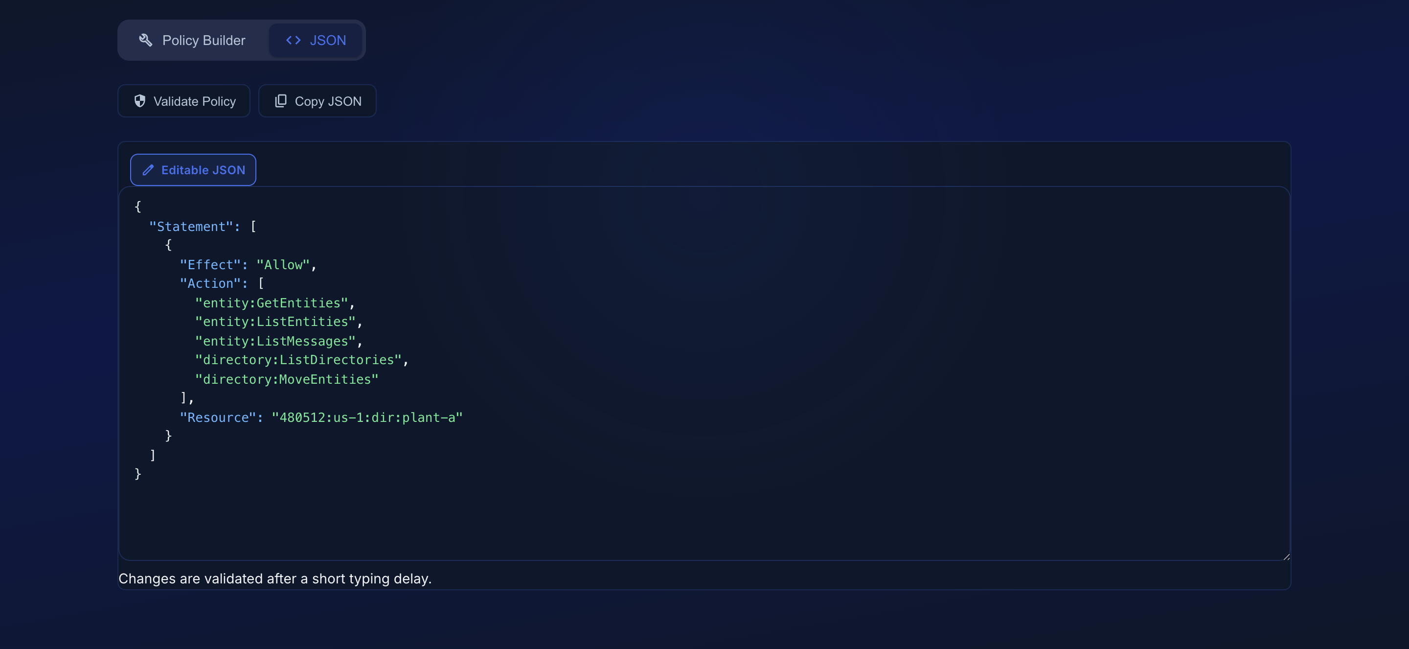 The JSON view of the policy editor, showing the same statement as an editable document