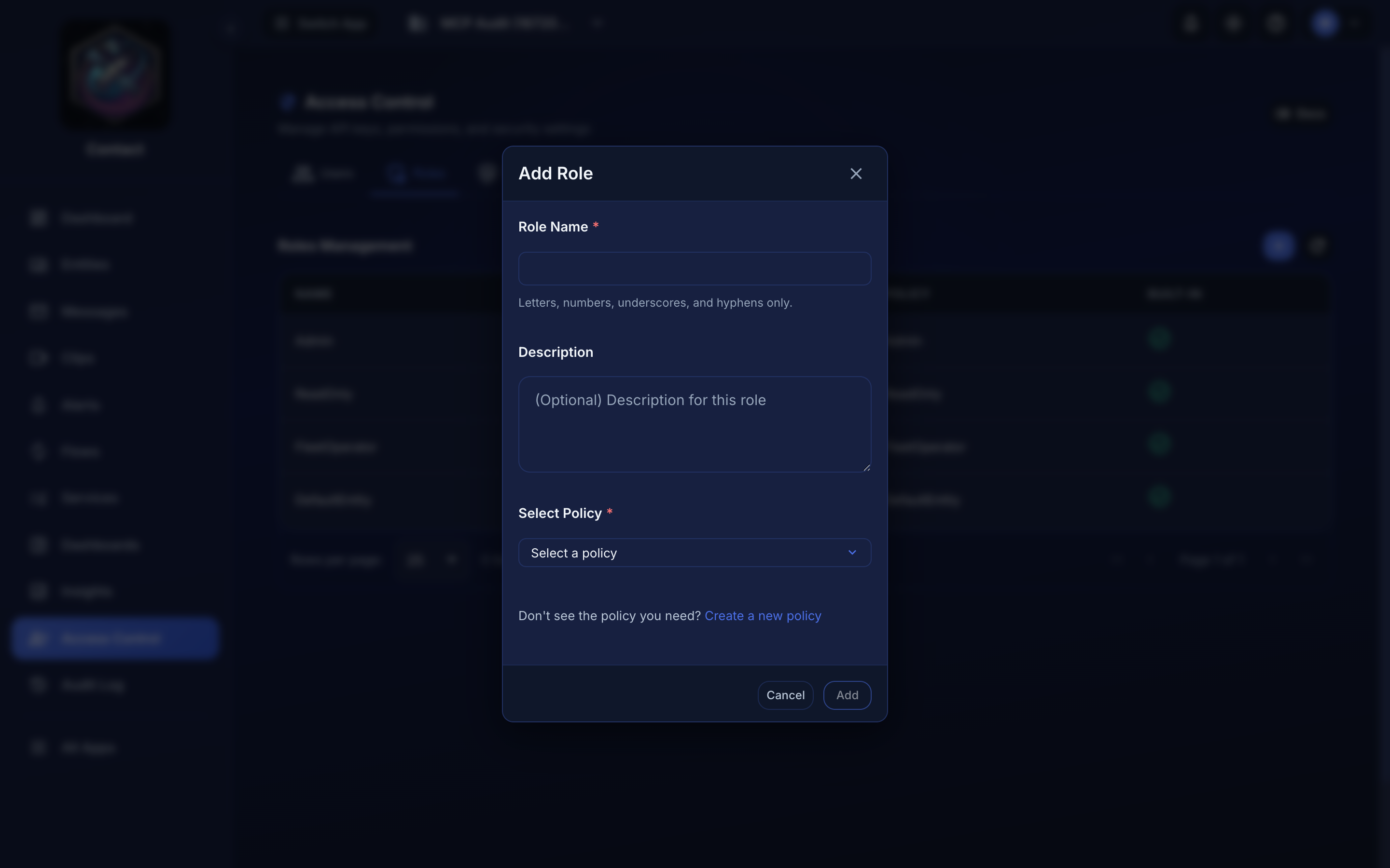The Add Role form: name, description, and policy selection