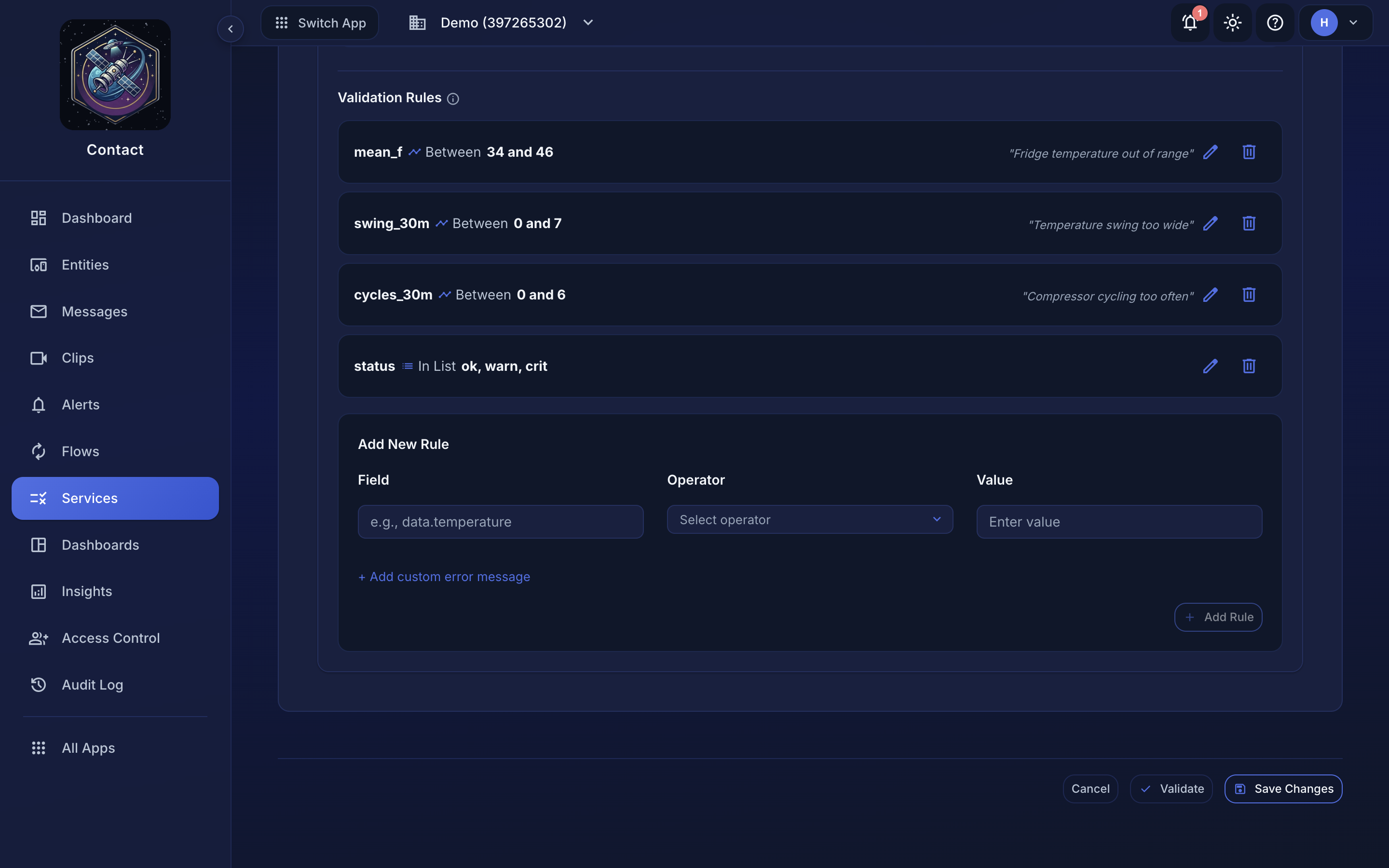 The service rule builder: a list of saved rules above the Field, Operator, and Value inputs for adding another