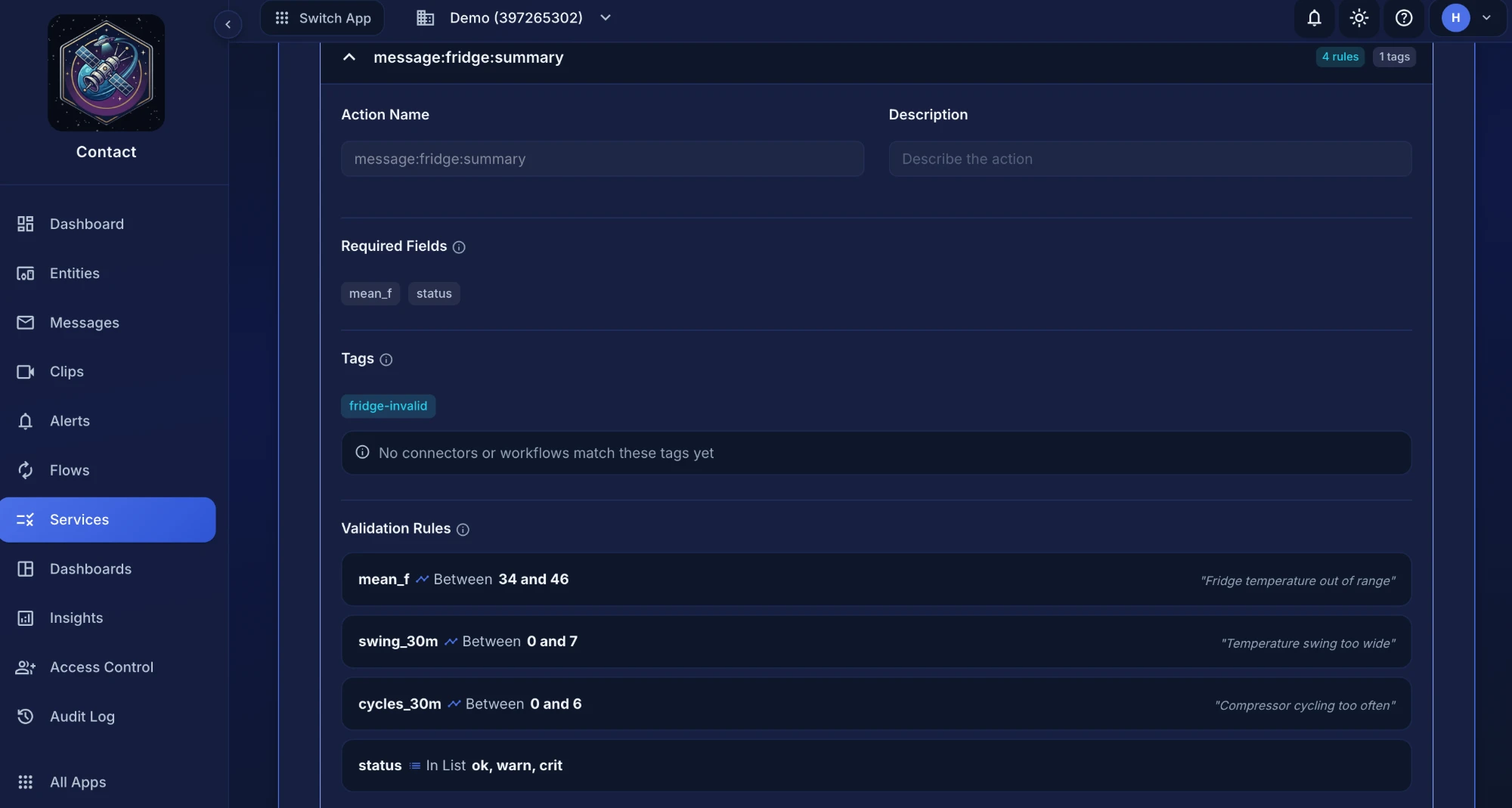 The fridge-monitor service showing four validation rules and the fridge-invalid tag