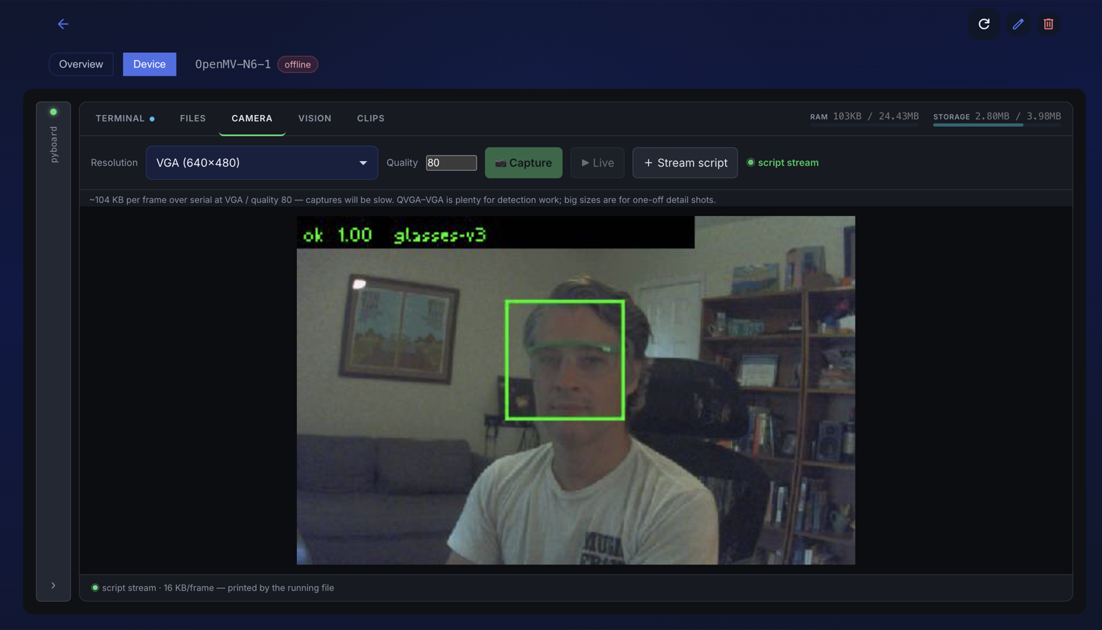 Device Console live view: green box around the eyes, label ok — the classifier running on the camera