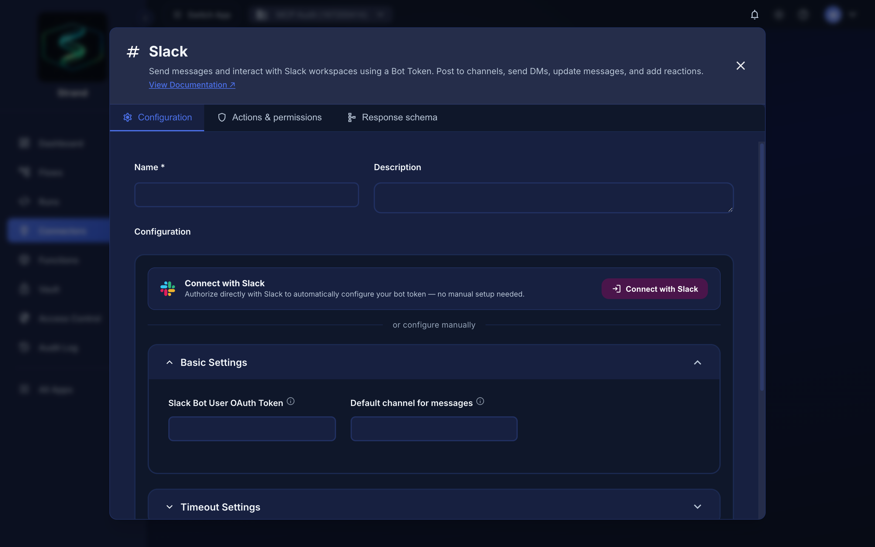 The Slack connector form: Configuration, Actions & permissions, and Response schema tabs