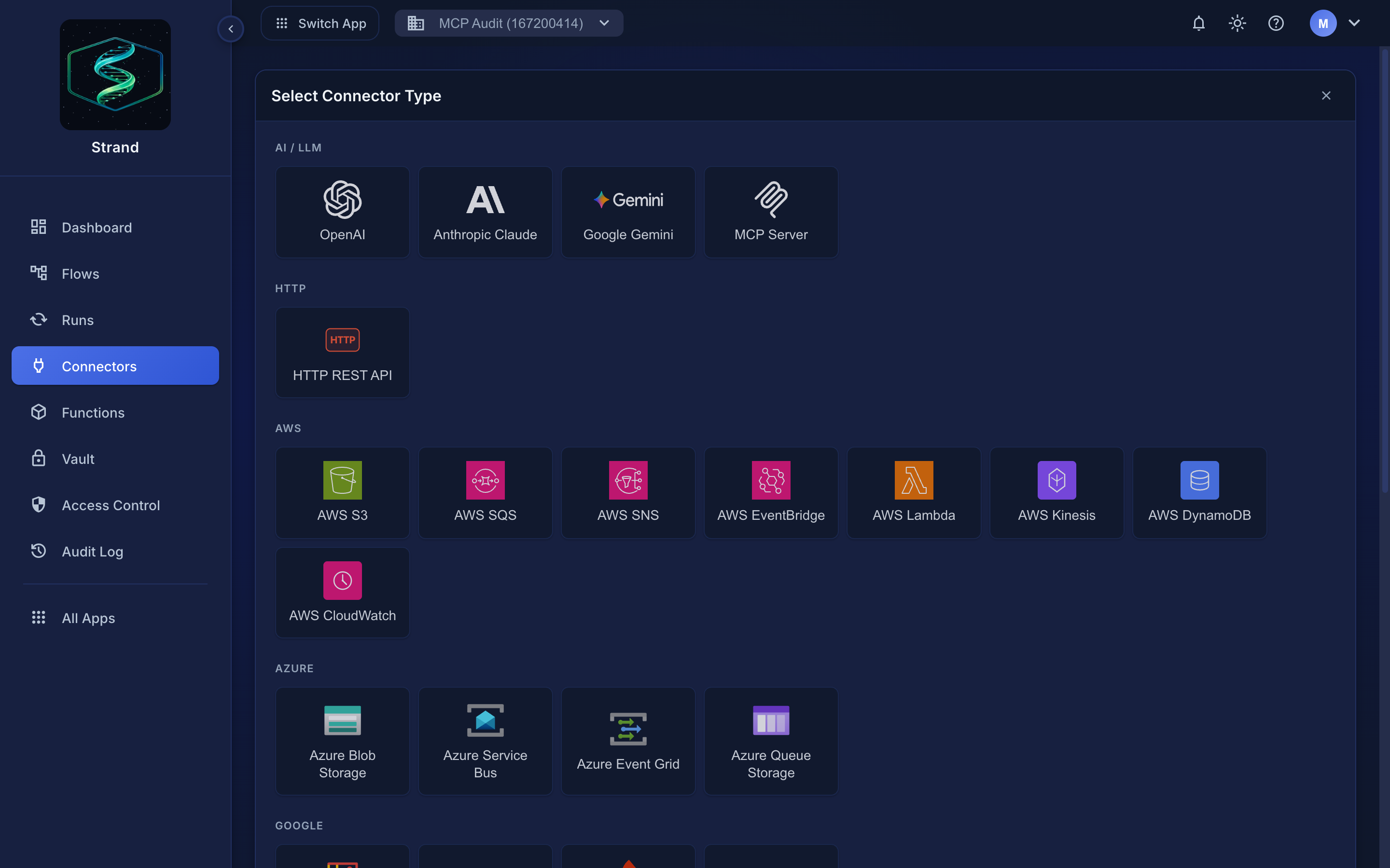 The Select Connector Type gallery, grouped by AI/LLM, HTTP, AWS, Azure, and Google