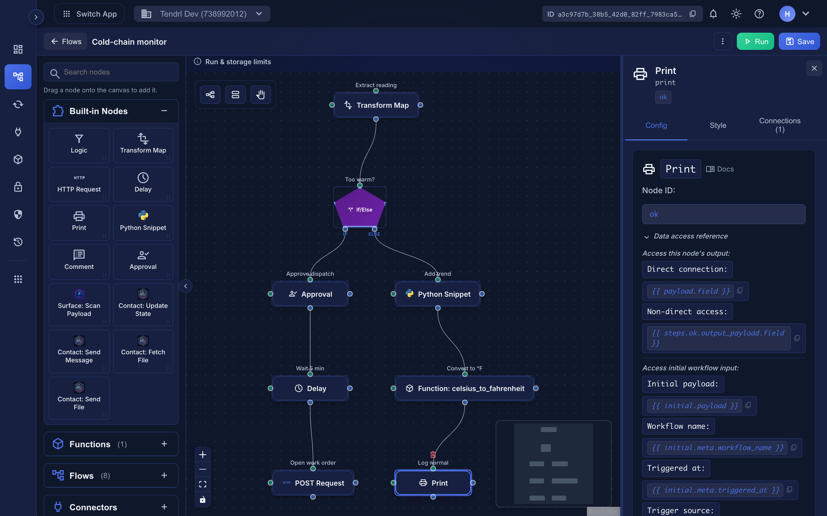 The Node Inspector's Data access reference, expanded on a Print node: the expressions for this node's output, directly and through steps, and for the workflow's initial payload and metadata.