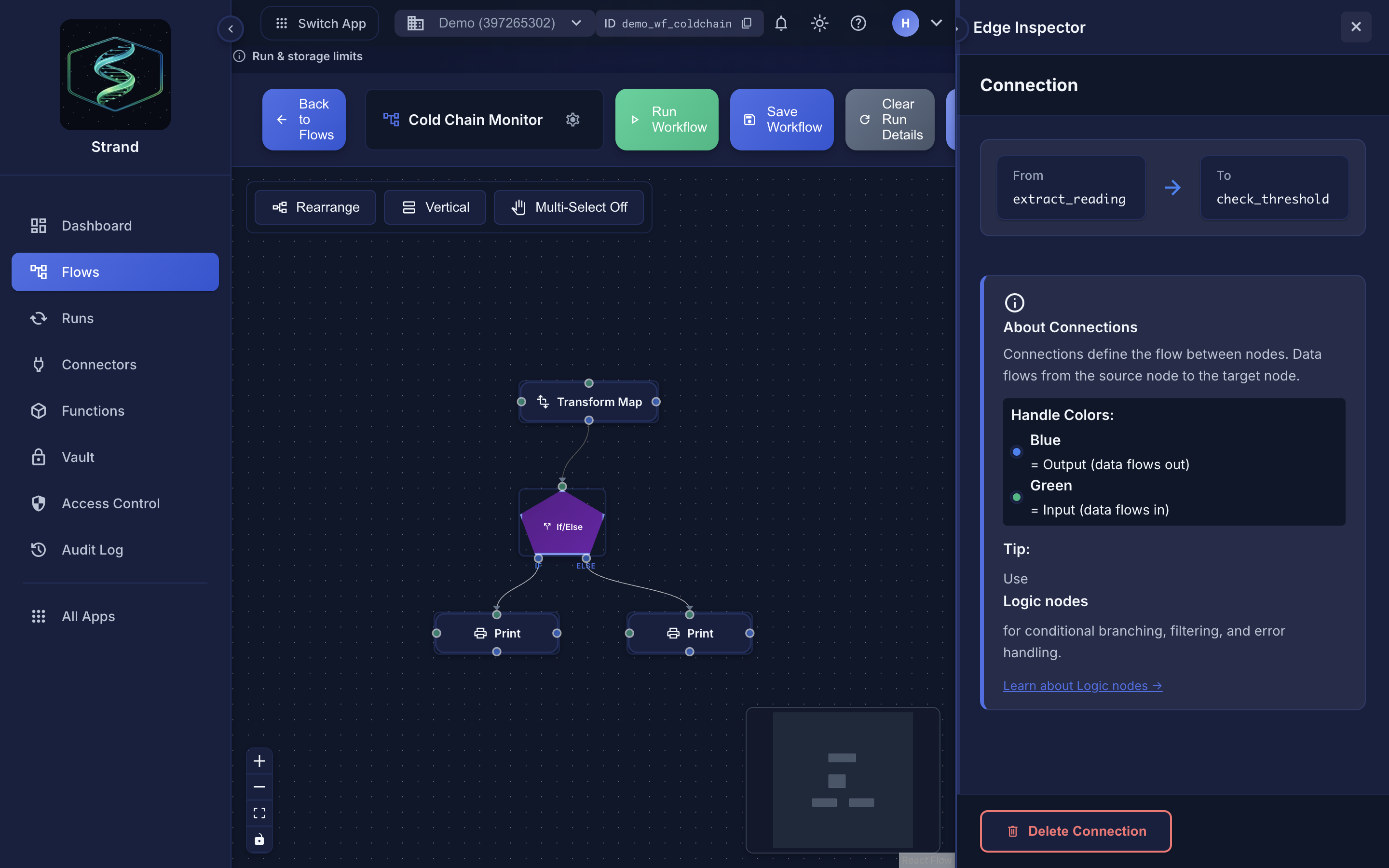 The Edge Inspector panel with From and To nodes and a Delete Connection button