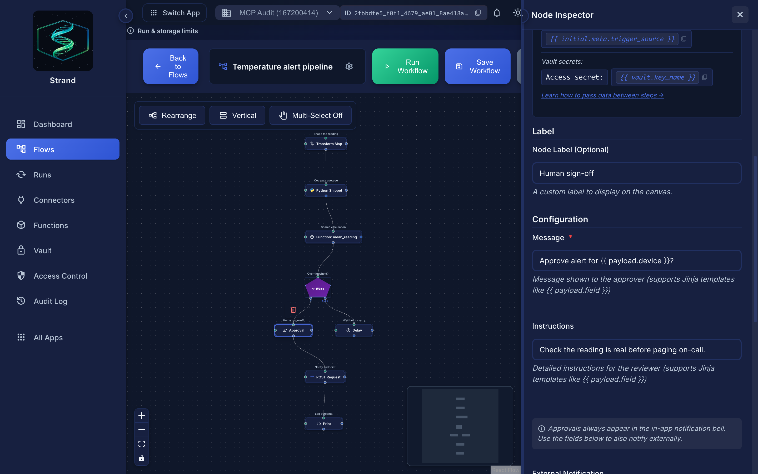 The Approval node's Configuration: the approver message and reviewer instructions.