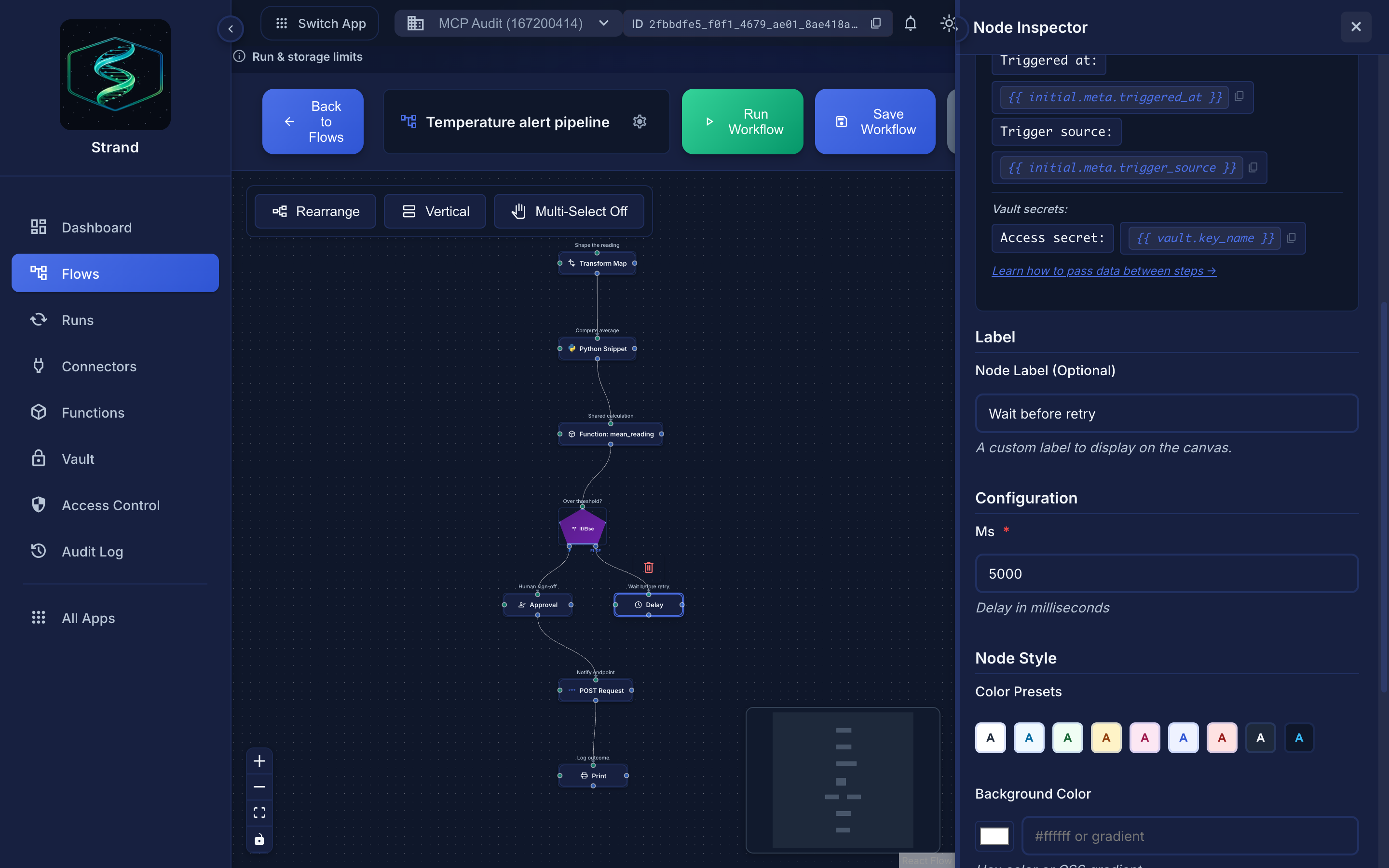 The Delay node's Configuration, showing the wait duration in milliseconds.