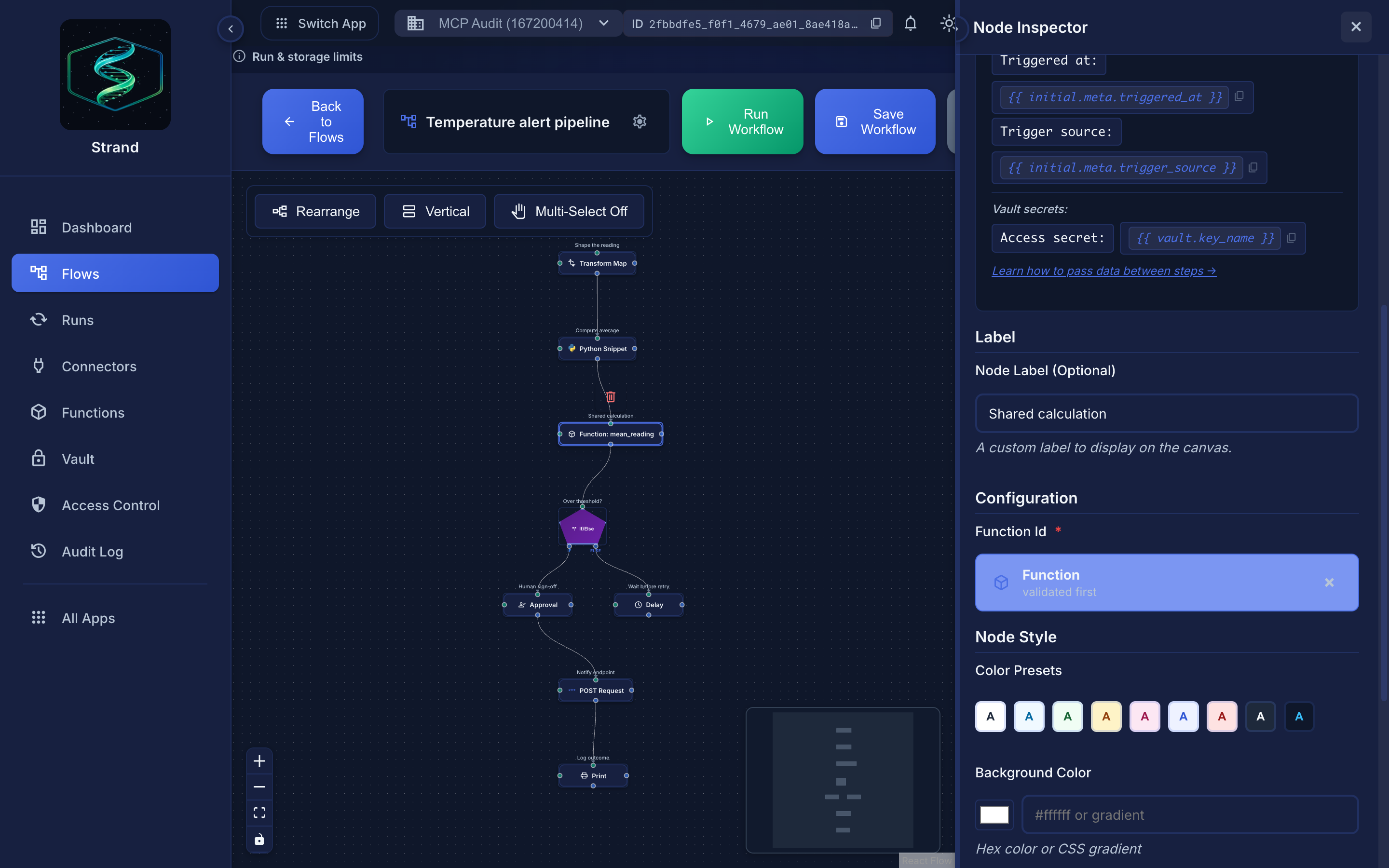 The Function Call node's Configuration, selecting a saved function from the library.