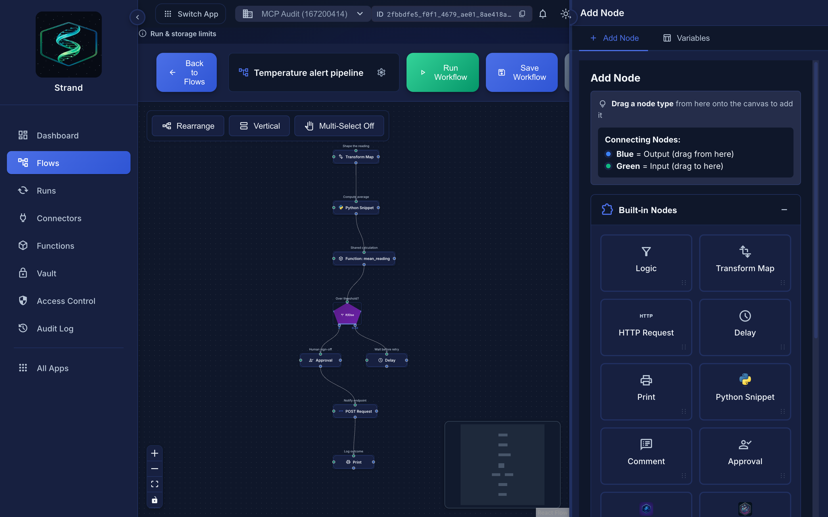 A workflow using one of each node type, with the Node Inspector open on the right.