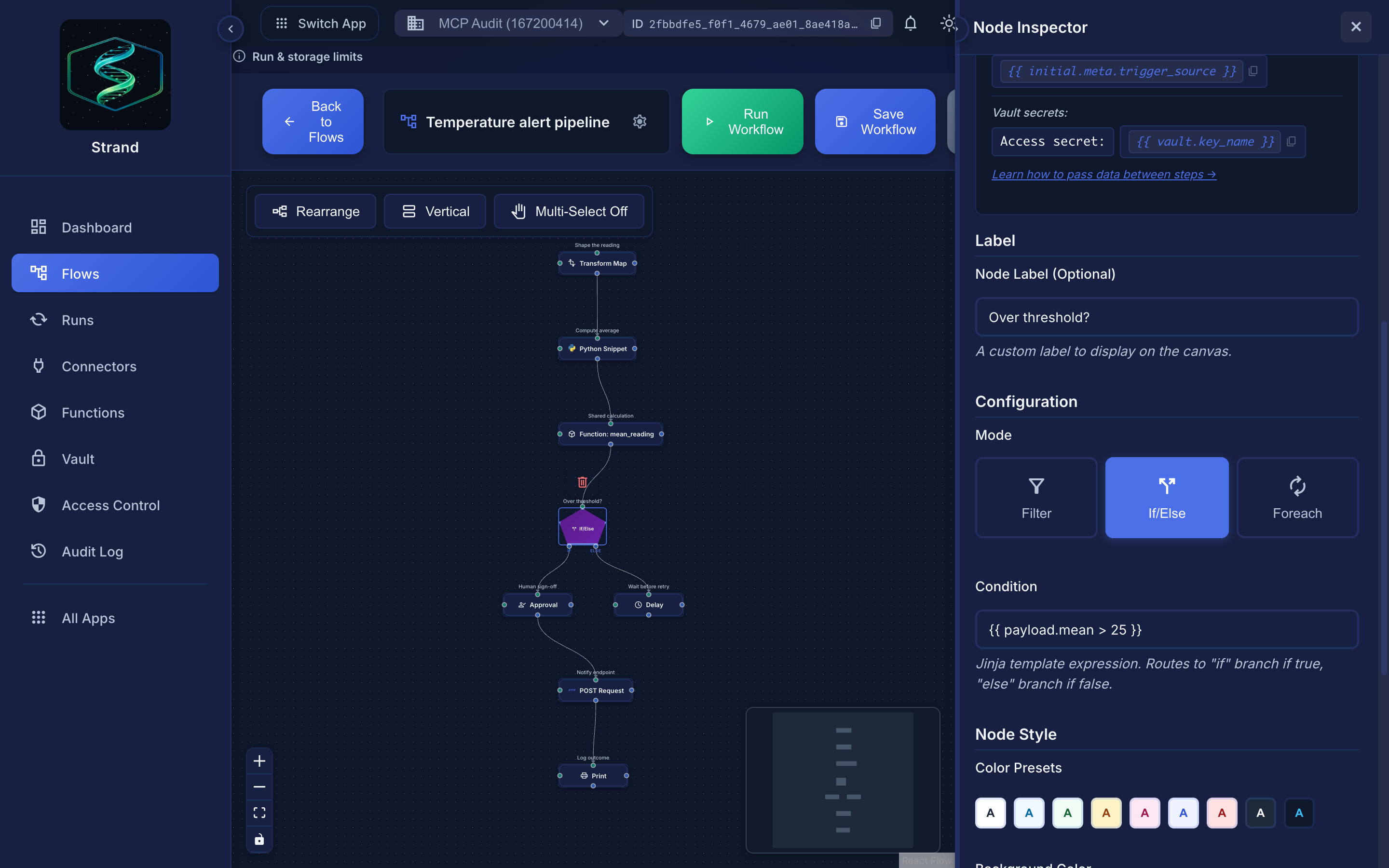 The Logic node's Mode selector — Filter, If/Else, or Foreach — with the If/Else condition field.