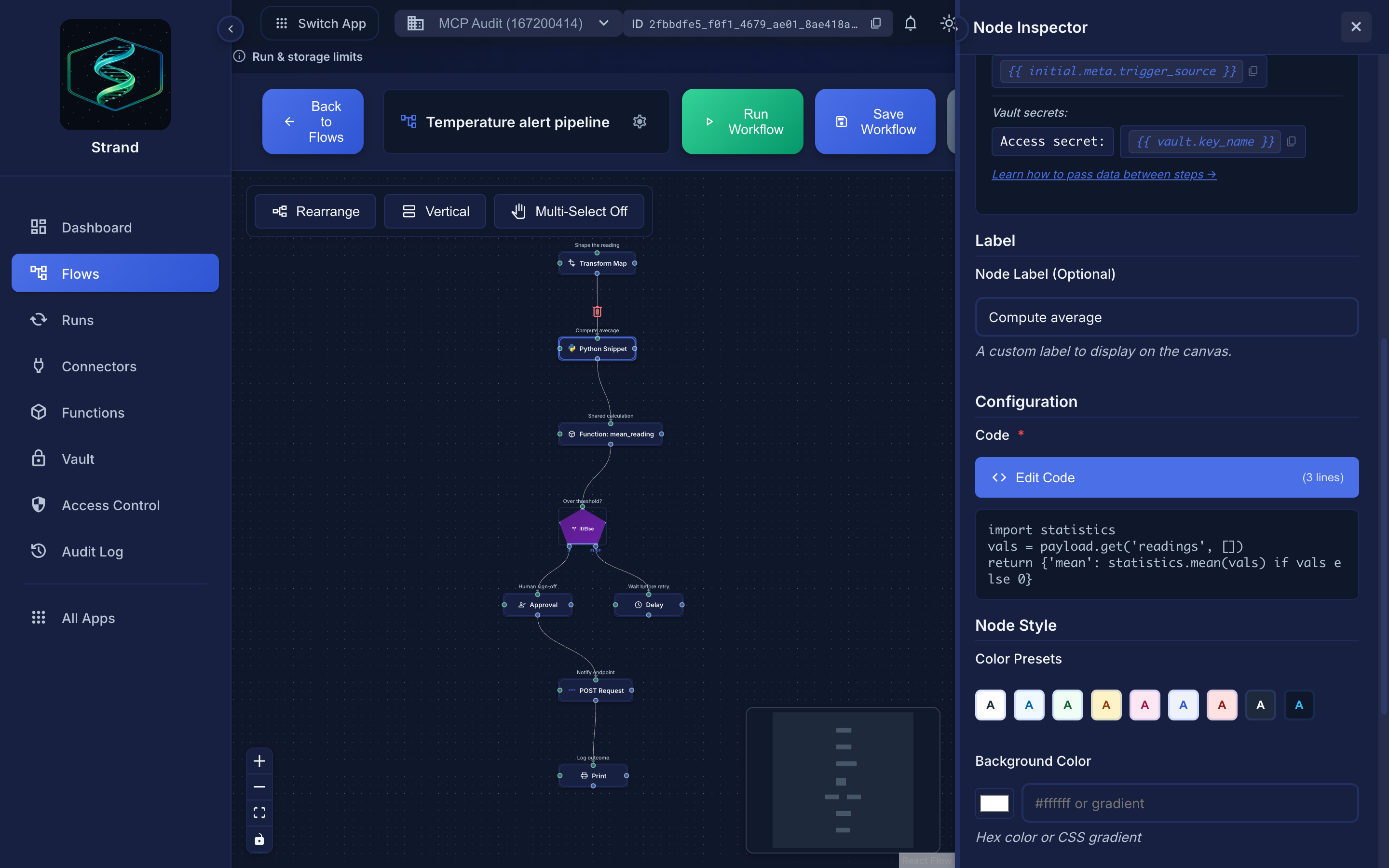 The Python Snippet node's Configuration section with an inline code preview and Edit Code button.