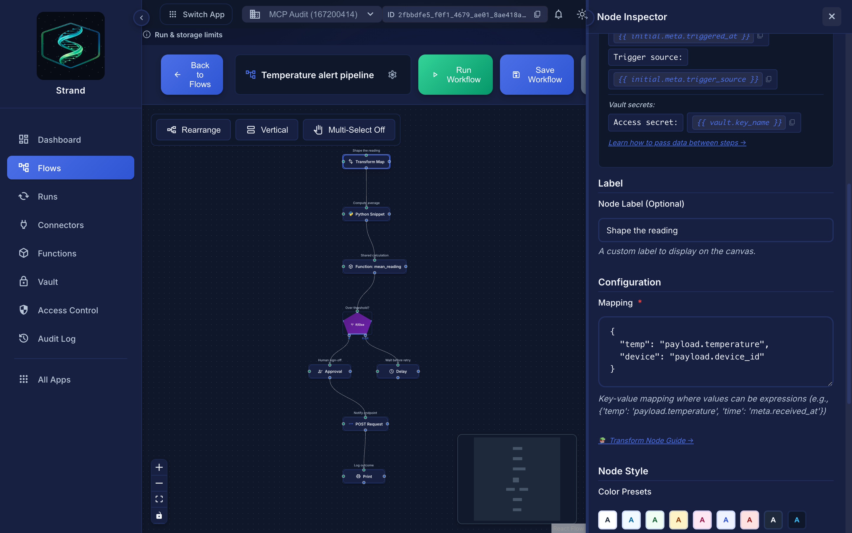 The Transform Map node's mapping configuration.