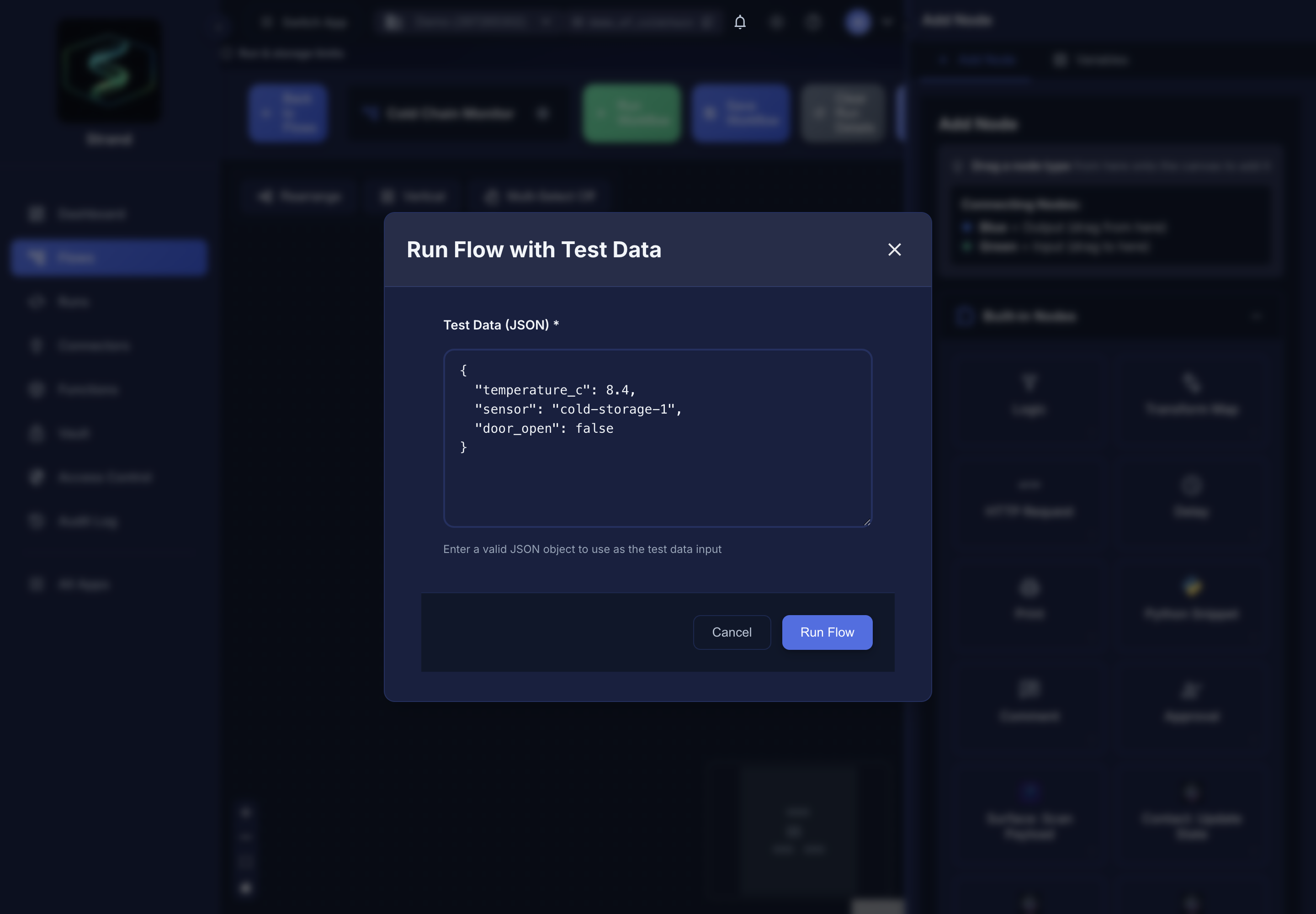 The Run Flow with Test Data dialog containing a JSON payload