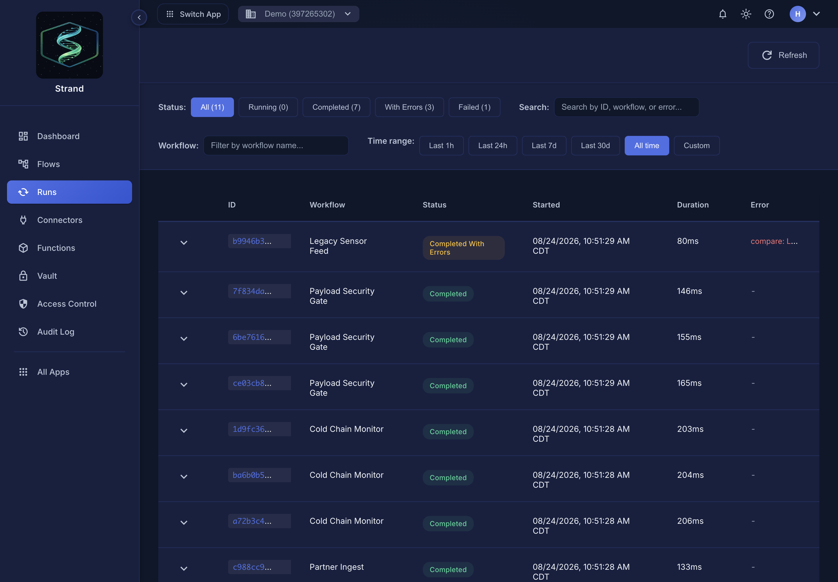 Strand workflow run history
