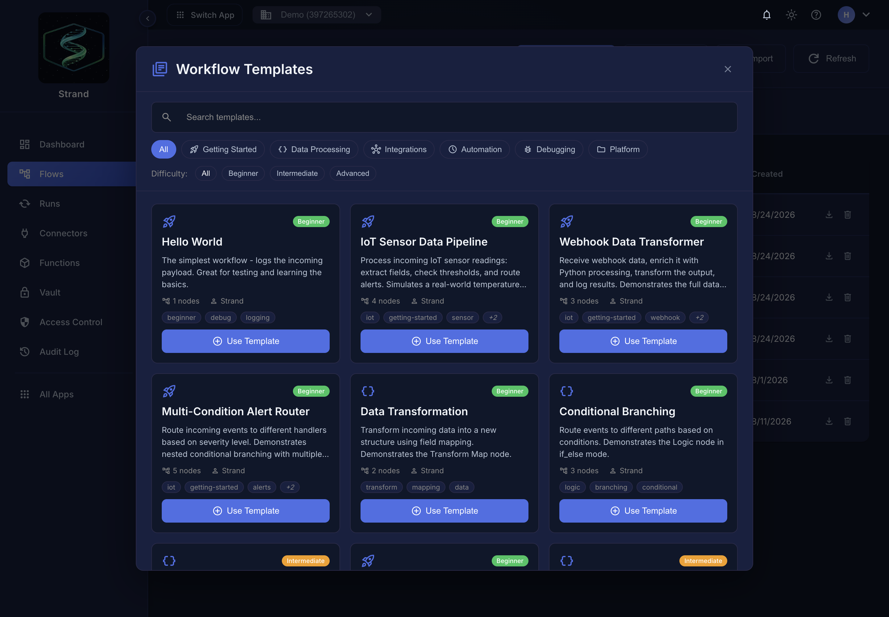 The Workflow Templates gallery with category and difficulty filters