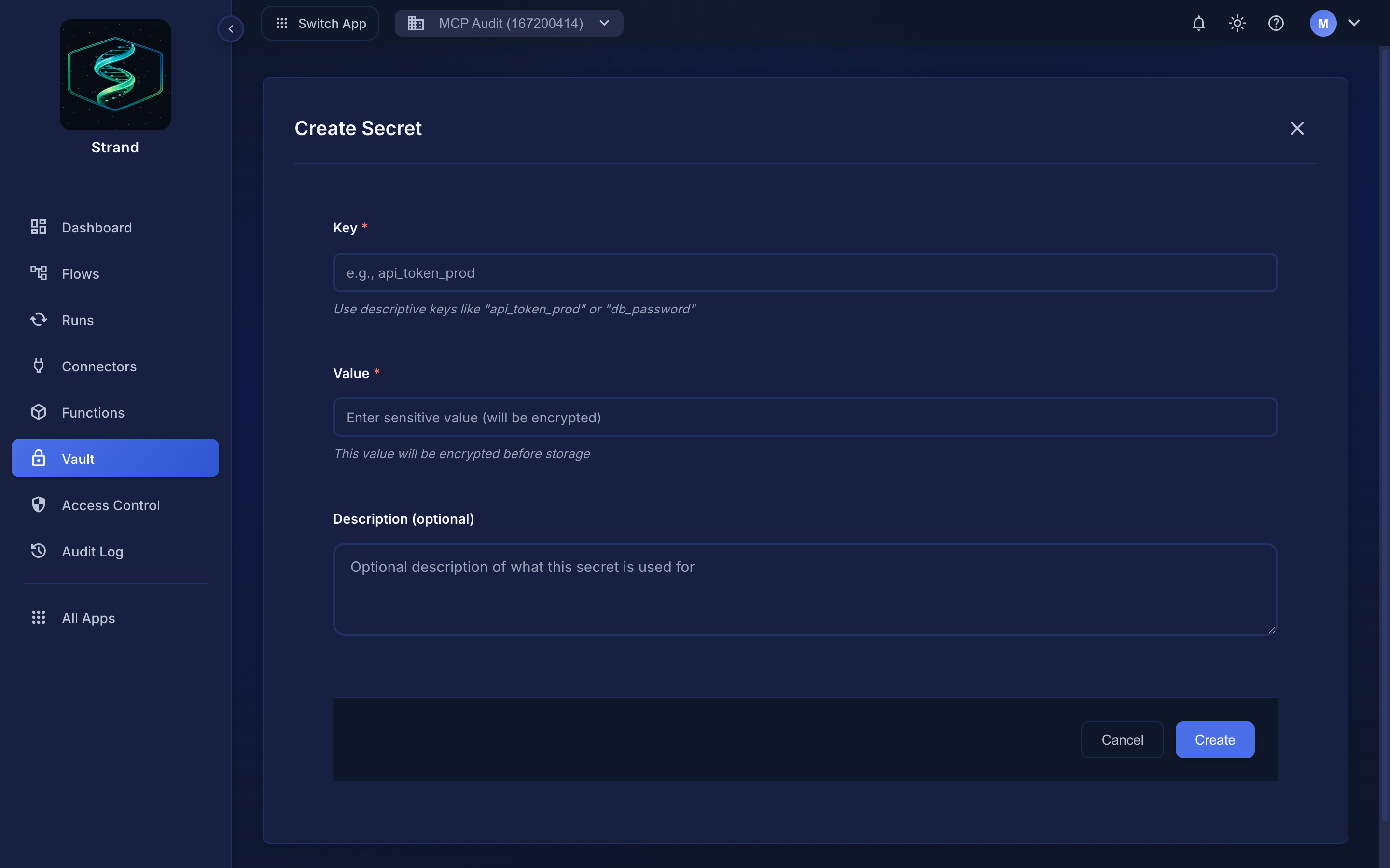 The Create Secret form: Key, Value, and optional Description