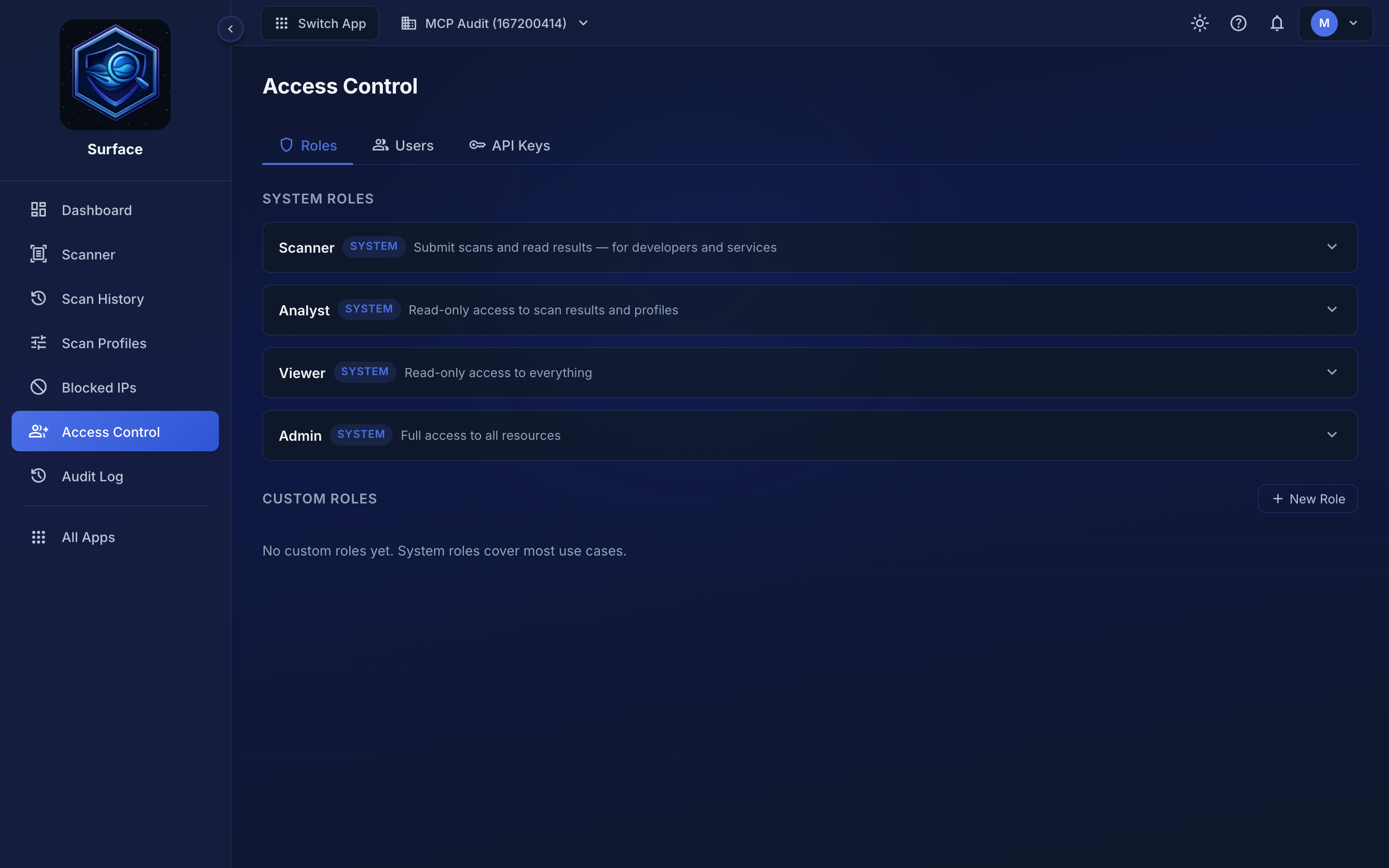 The Surface Access Control page on the Roles tab, listing the built-in system roles