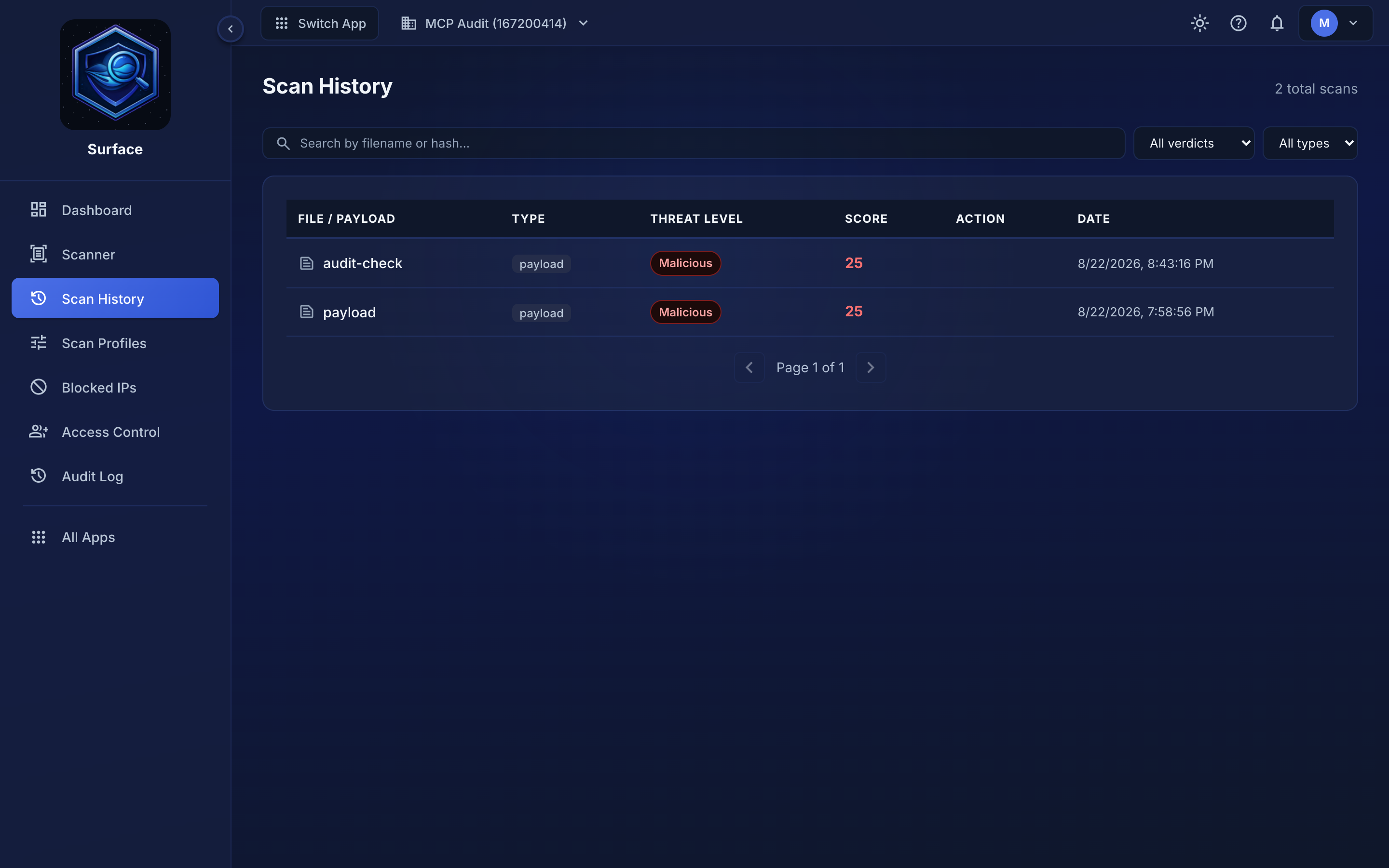 The Scan History page listing past scans with their verdicts and timestamps