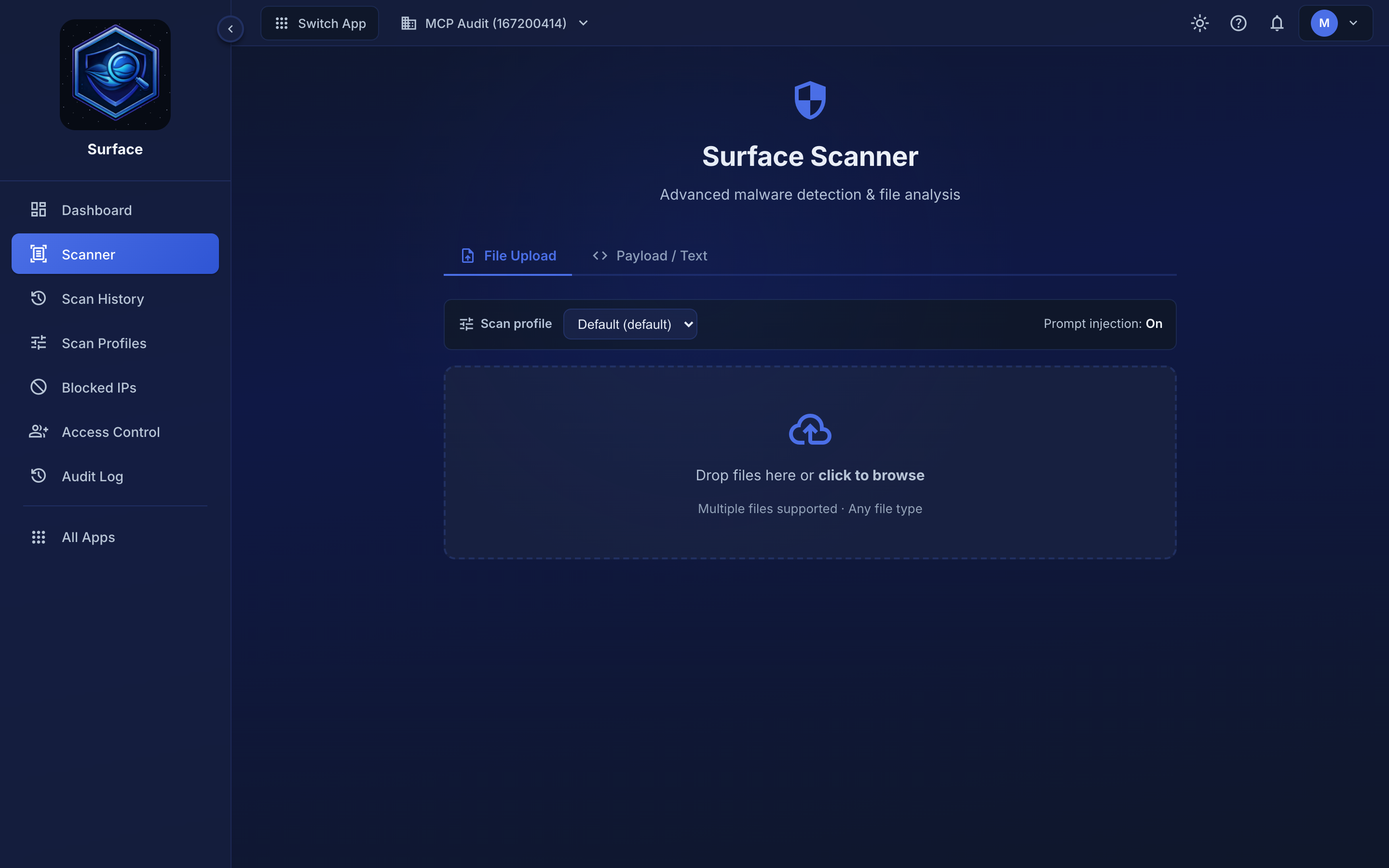 The Surface Scanner page with File Upload and Payload / Text tabs and a scan profile selector